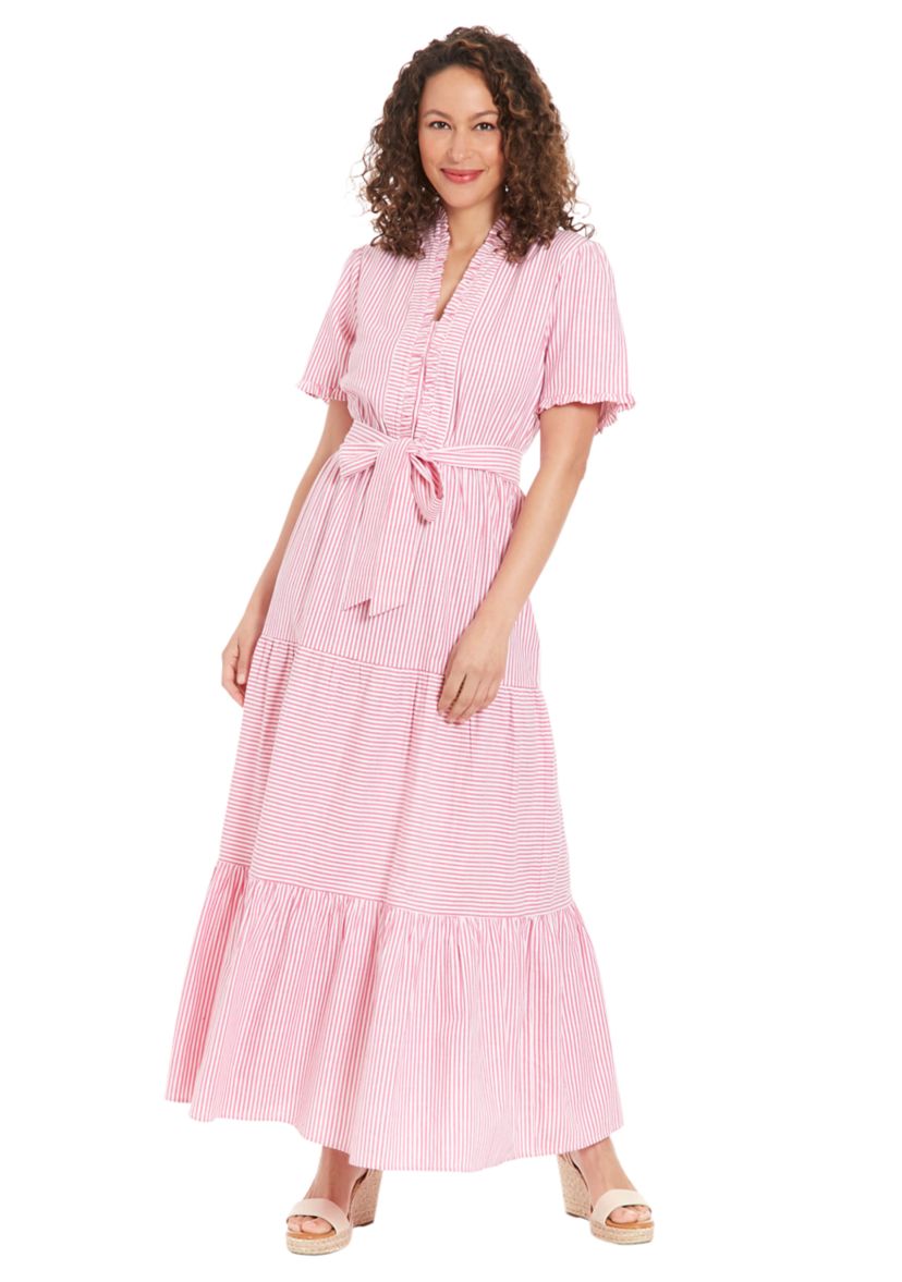 Womens Ruffle Neck Tiered Maxi Dress with Sash