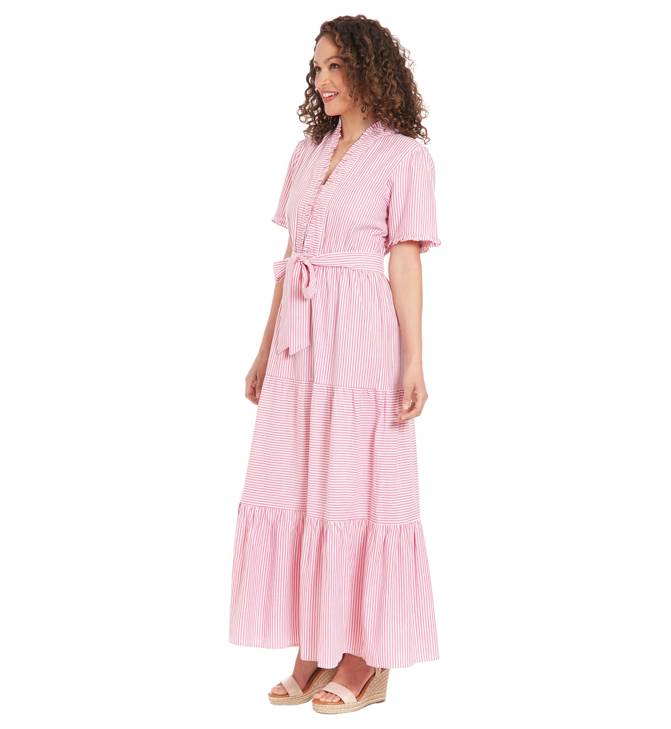 Womens Ruffle Neck Tiered Maxi Dress with Sash