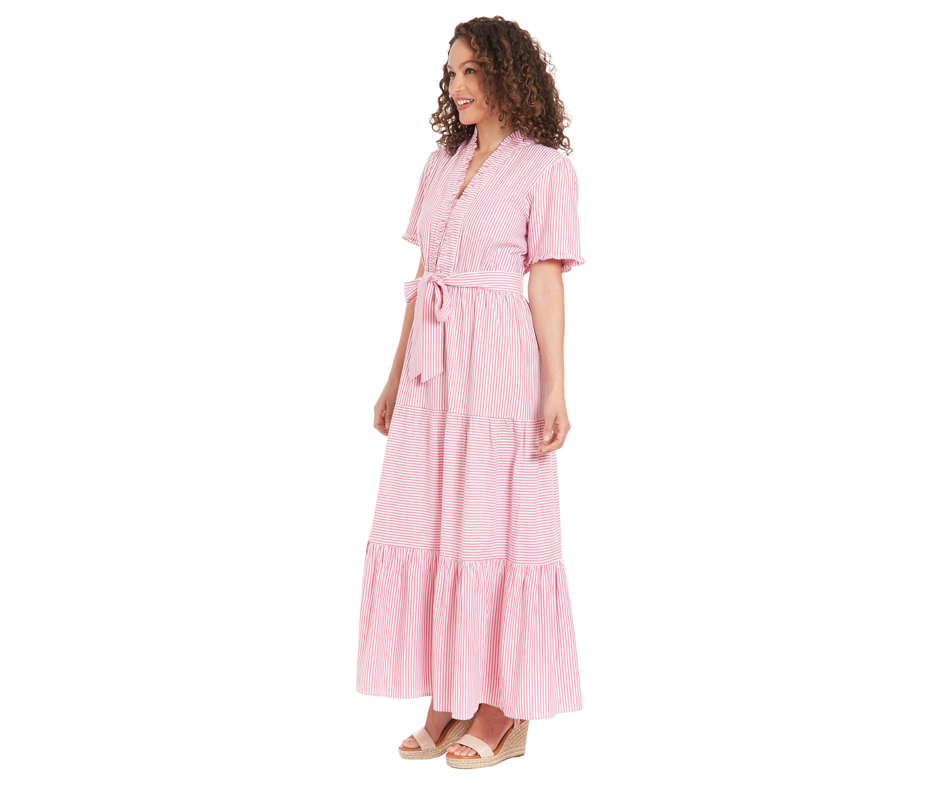 Womens Ruffle Neck Tiered Maxi Dress with Sash