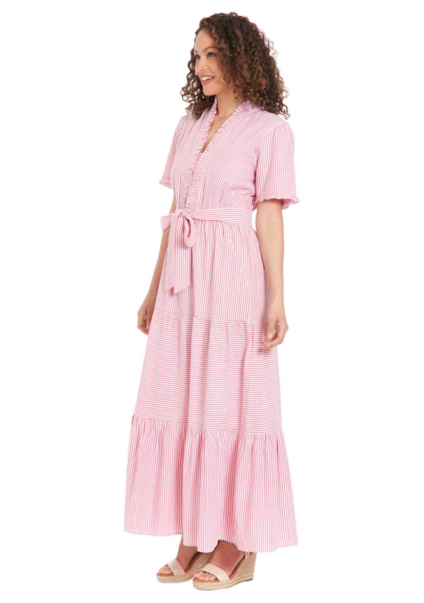 Womens Ruffle Neck Tiered Maxi Dress with Sash
