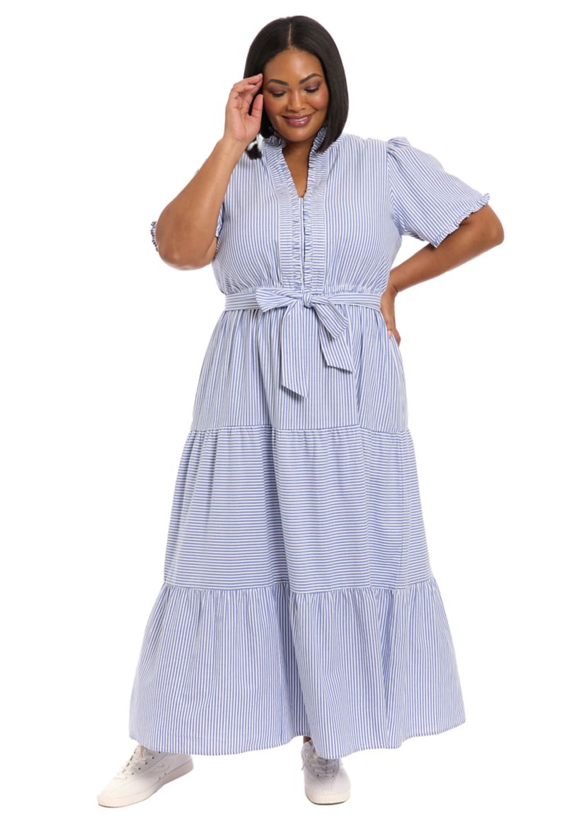 100 cotton maxi dress plus size London Times Women's Ruffle Neck Tiered with Sash, 14 W, Clothing : Mini Dresses Color:Skin Color size:5XLarge White dress With a v