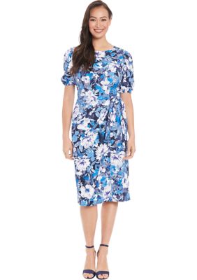 London Times Women's Short Sleeve Floral Printed Scuba Crepe Sheath Dress, Navy Blue, 8