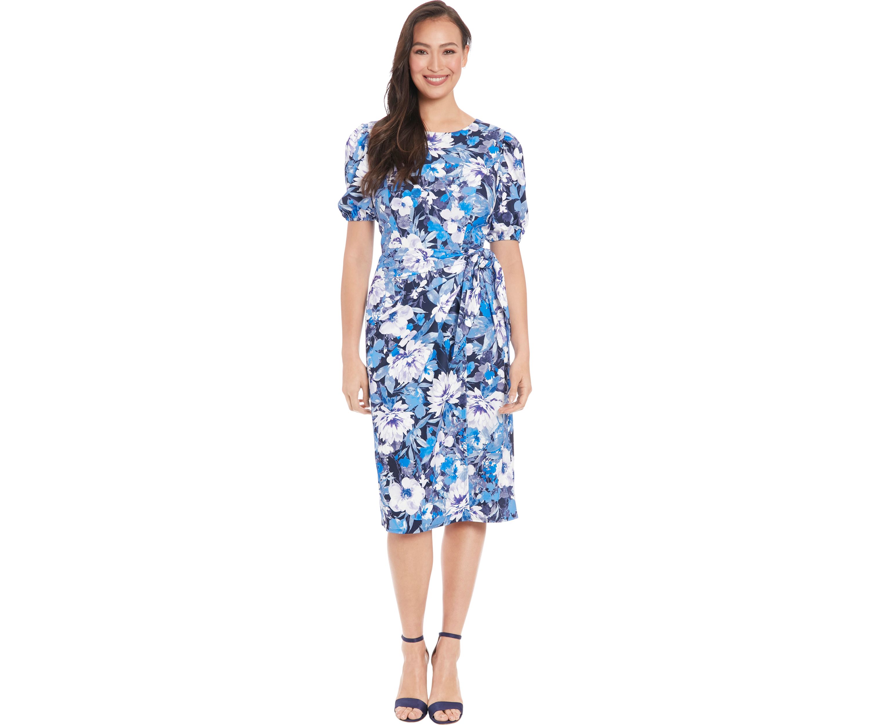 Womens Short Sleeve Floral Printed Scuba Crepe Sheath Dress