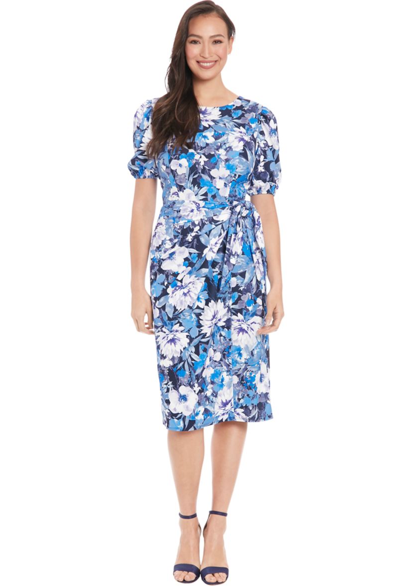 Womens Short Sleeve Floral Printed Scuba Crepe Sheath Dress