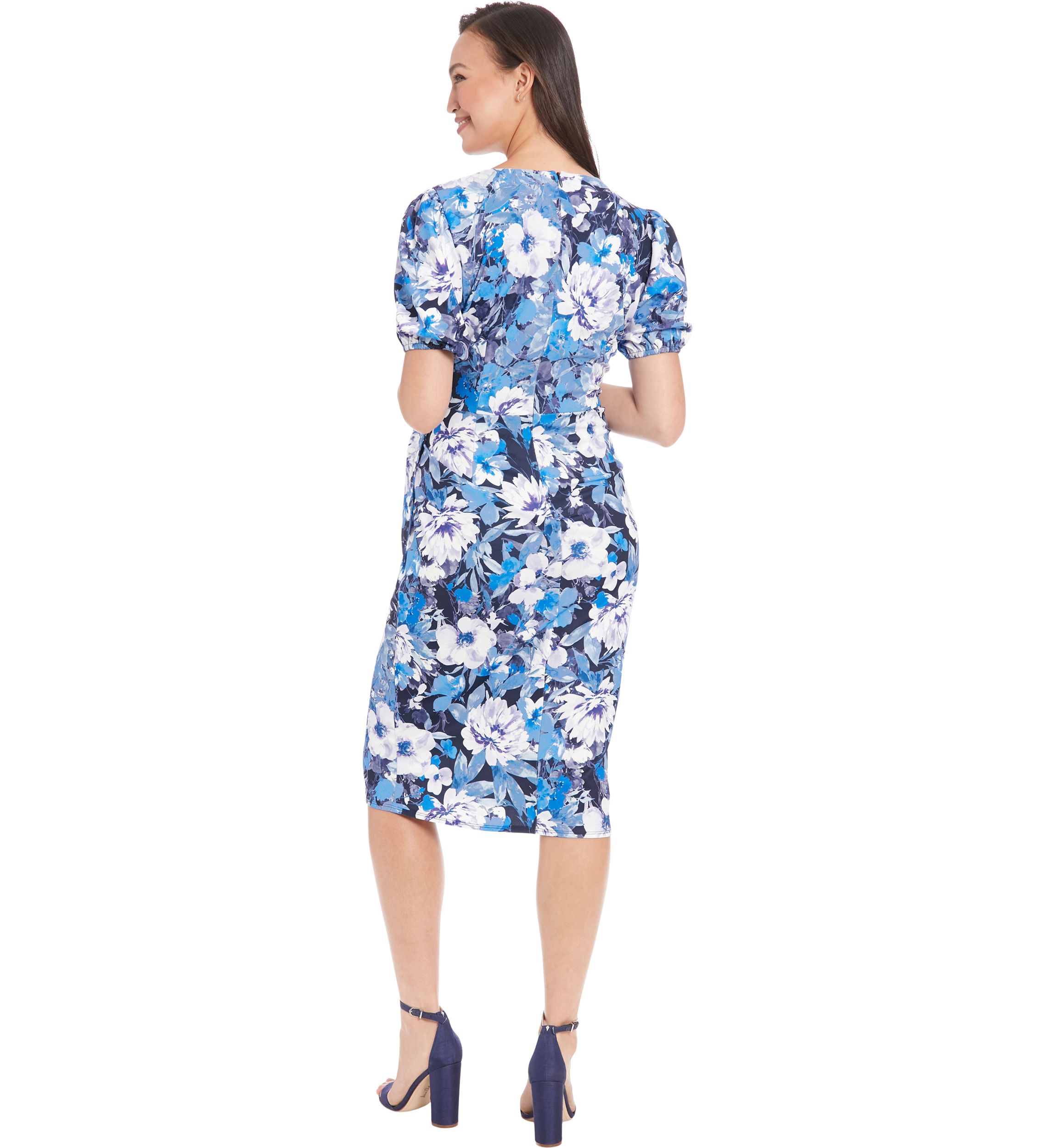 Womens Short Sleeve Floral Printed Scuba Crepe Sheath Dress