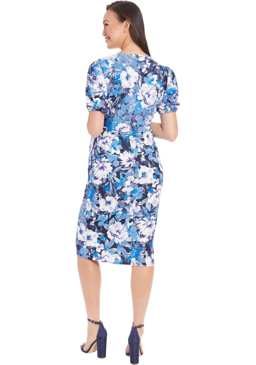 Womens Short Sleeve Floral Printed Scuba Crepe Sheath Dress