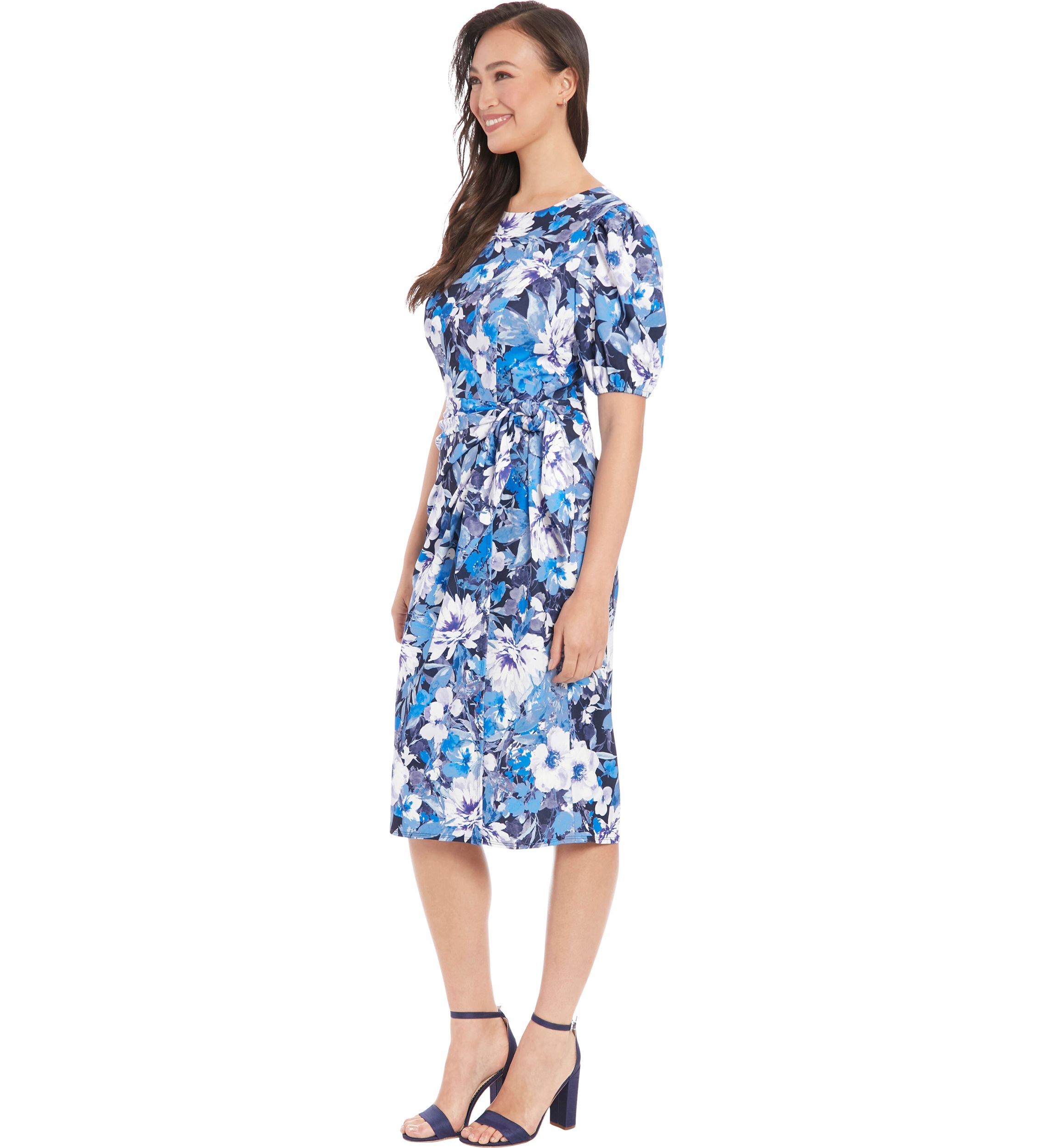 Womens Short Sleeve Floral Printed Scuba Crepe Sheath Dress