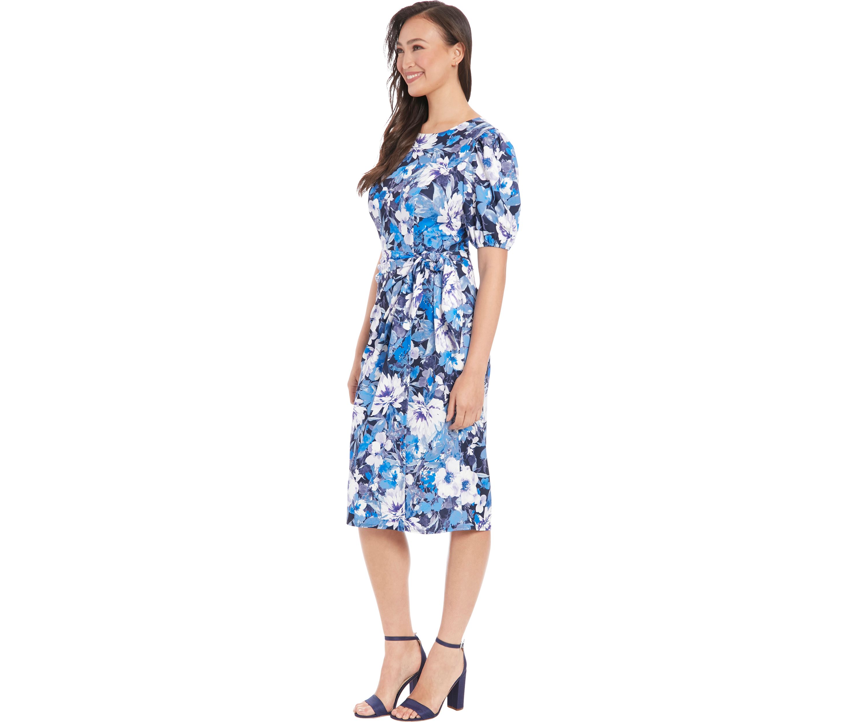 Womens Short Sleeve Floral Printed Scuba Crepe Sheath Dress