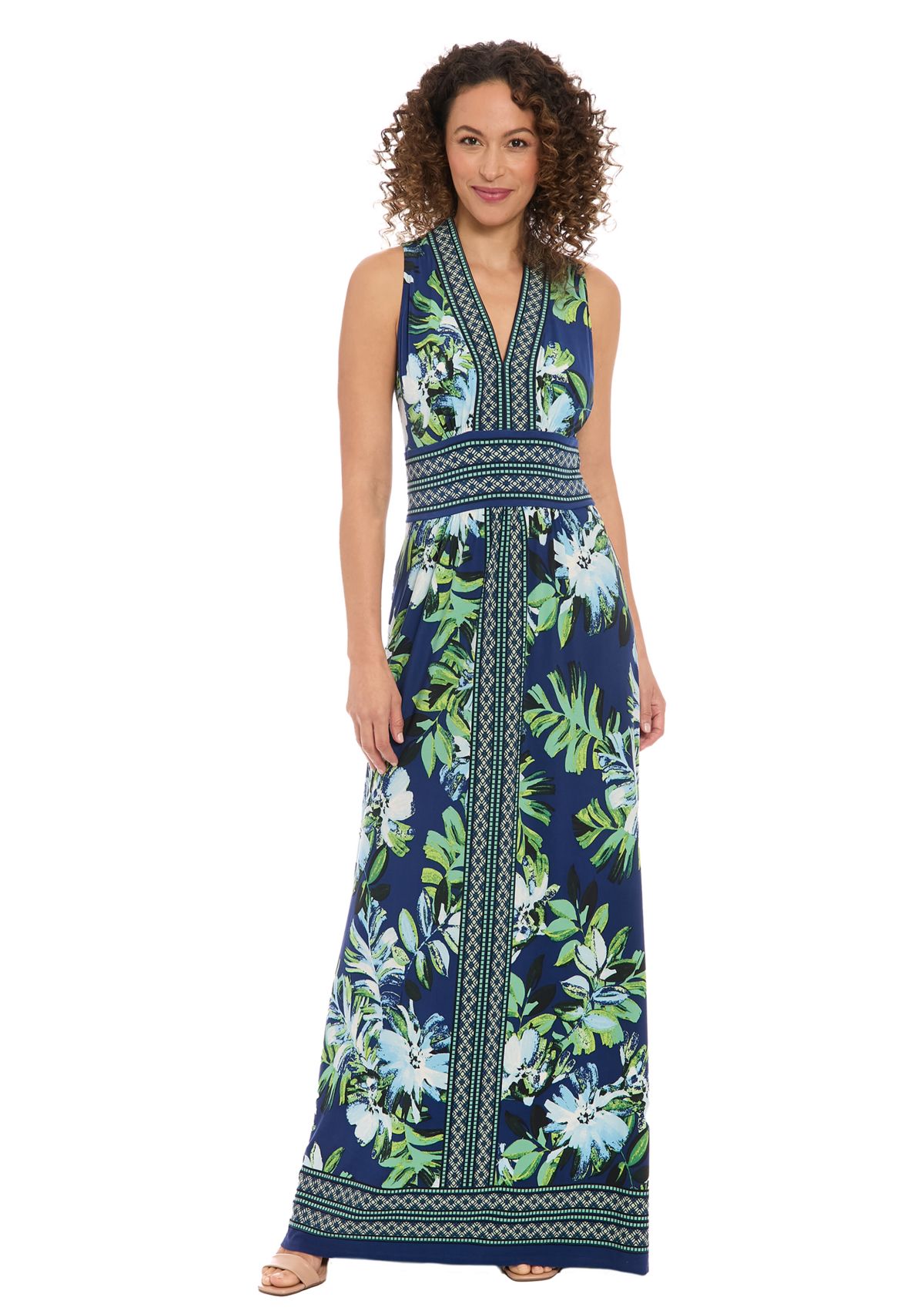 Womens Sleeveless V-Neck Floral Print Maxi Dress