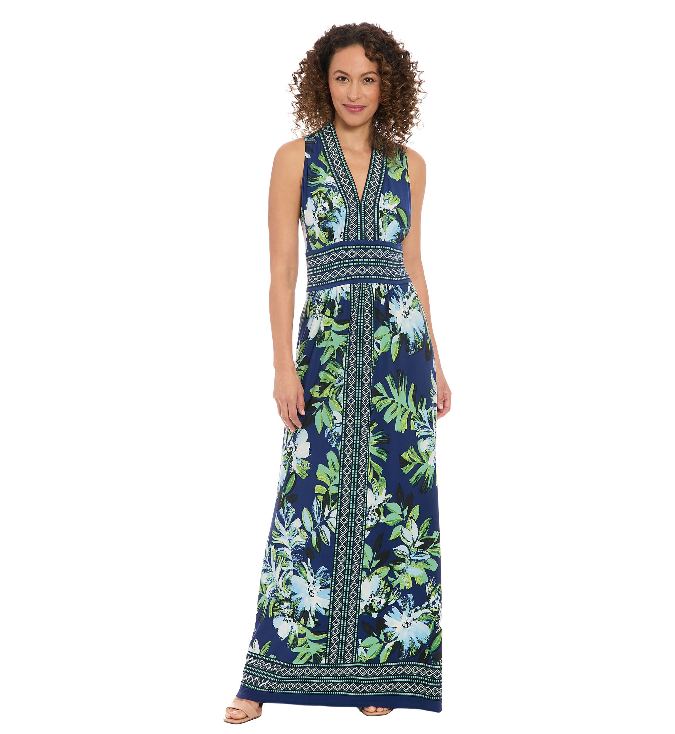 Womens Sleeveless V-Neck Floral Print Maxi Dress