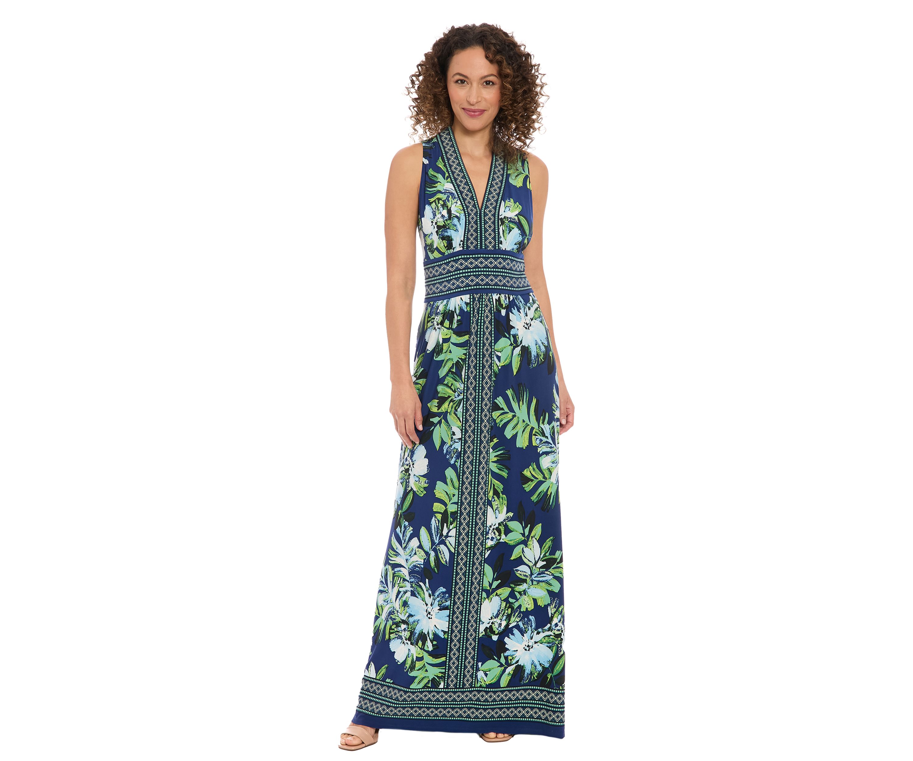 Womens Sleeveless V-Neck Floral Print Maxi Dress