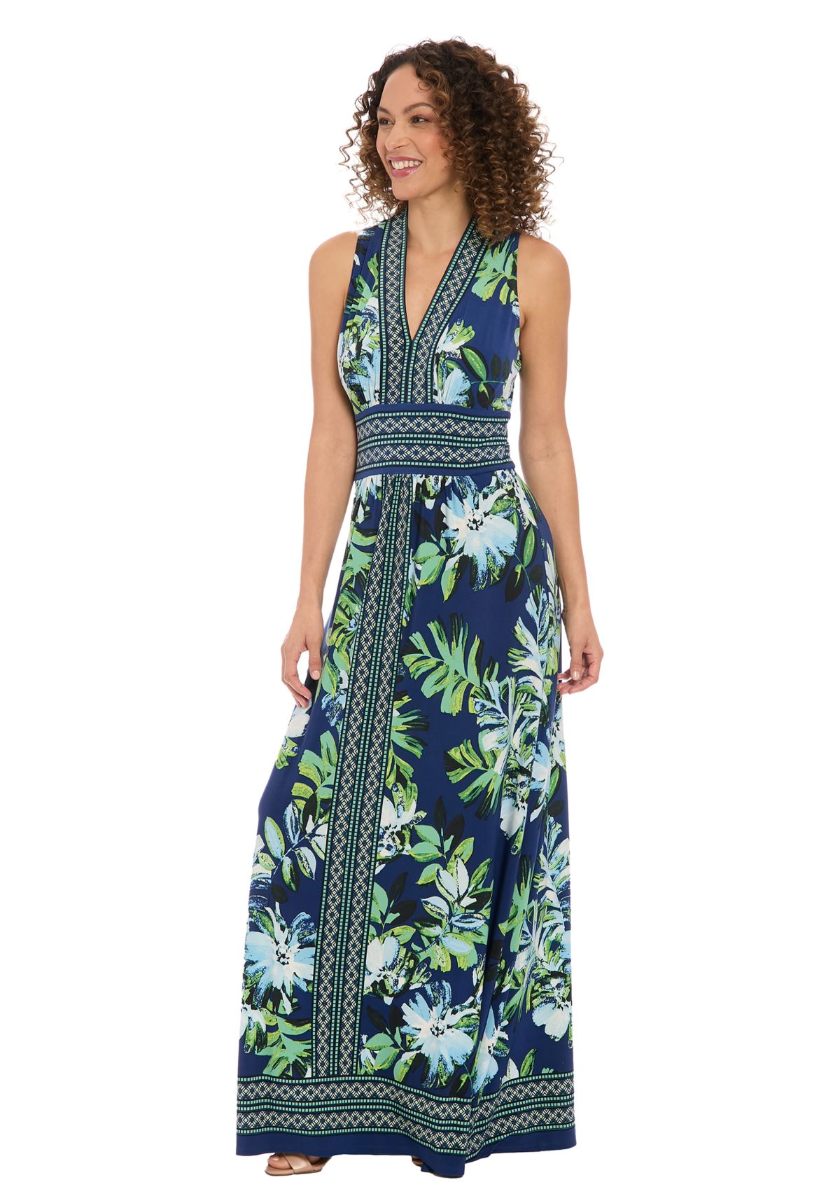 Womens Sleeveless V-Neck Floral Print Maxi Dress