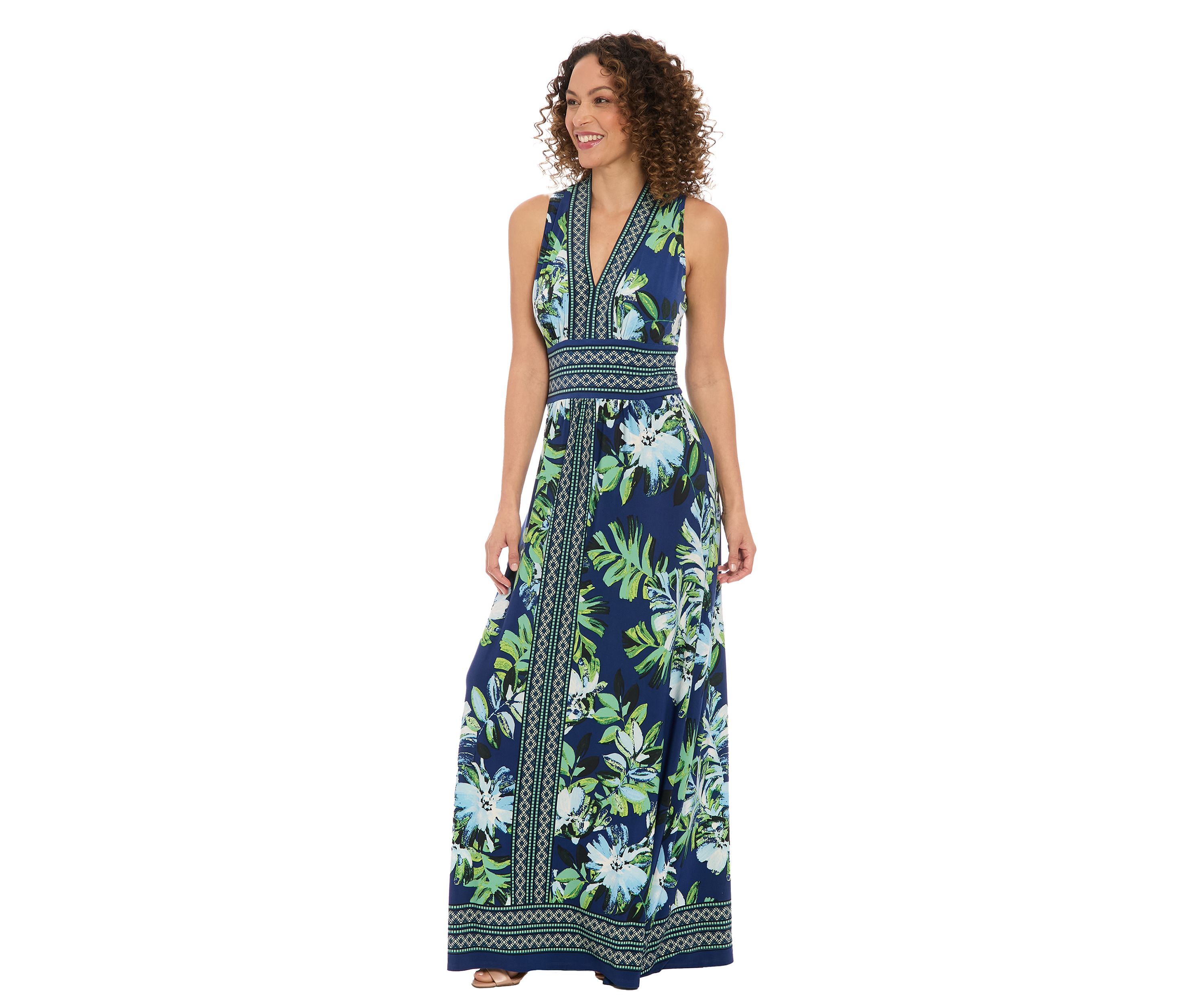 Womens Sleeveless V-Neck Floral Print Maxi Dress