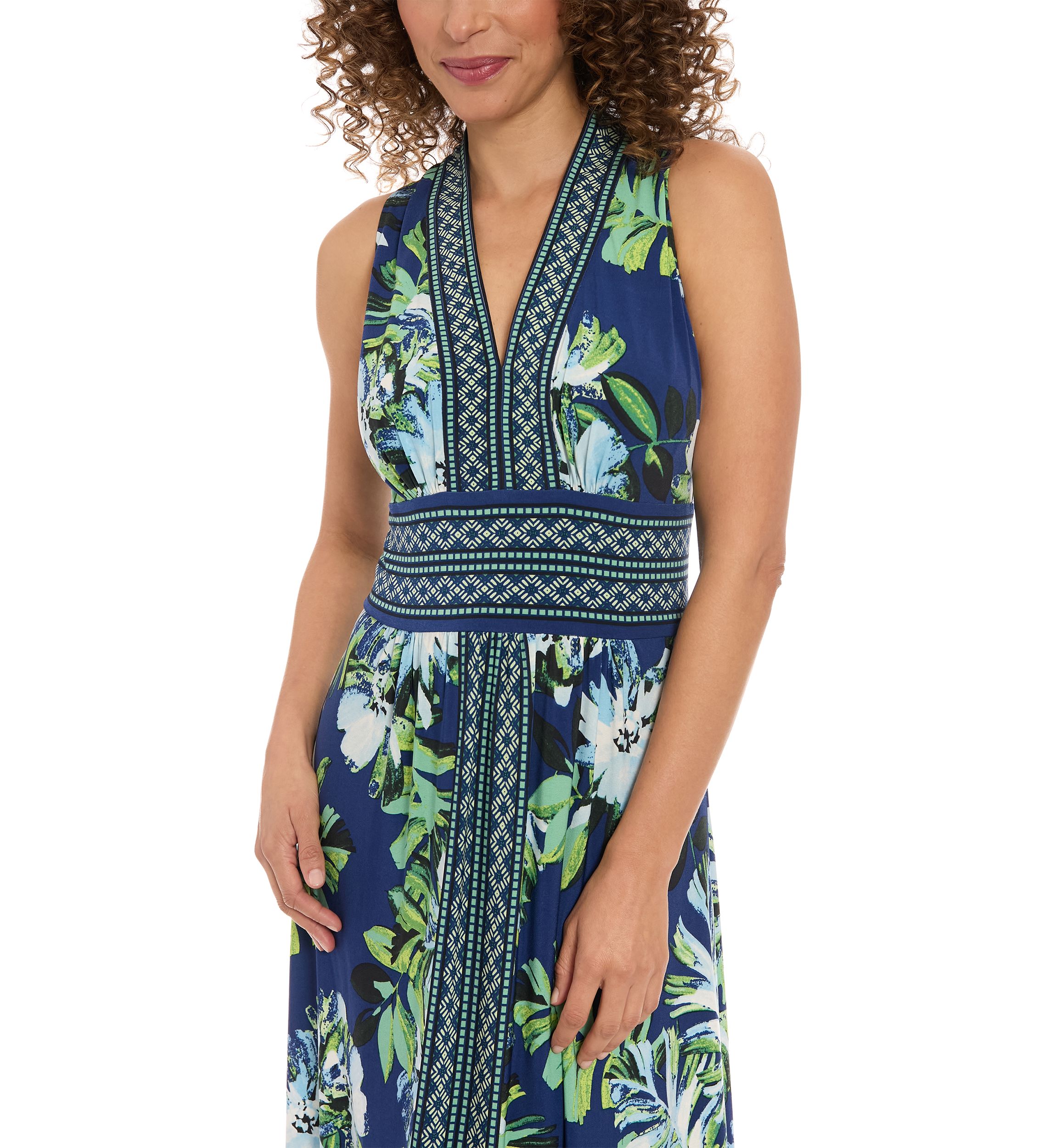 Womens Sleeveless V-Neck Floral Print Maxi Dress