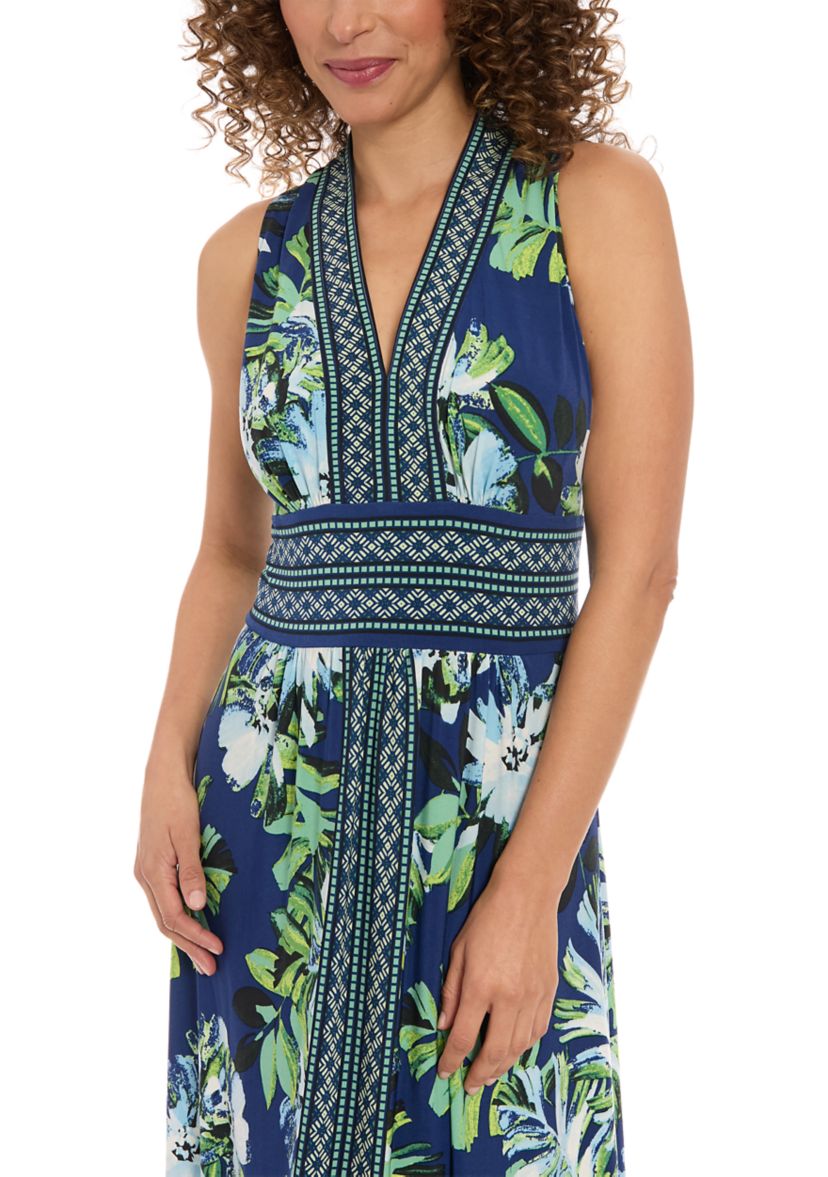 Womens Sleeveless V-Neck Floral Print Maxi Dress
