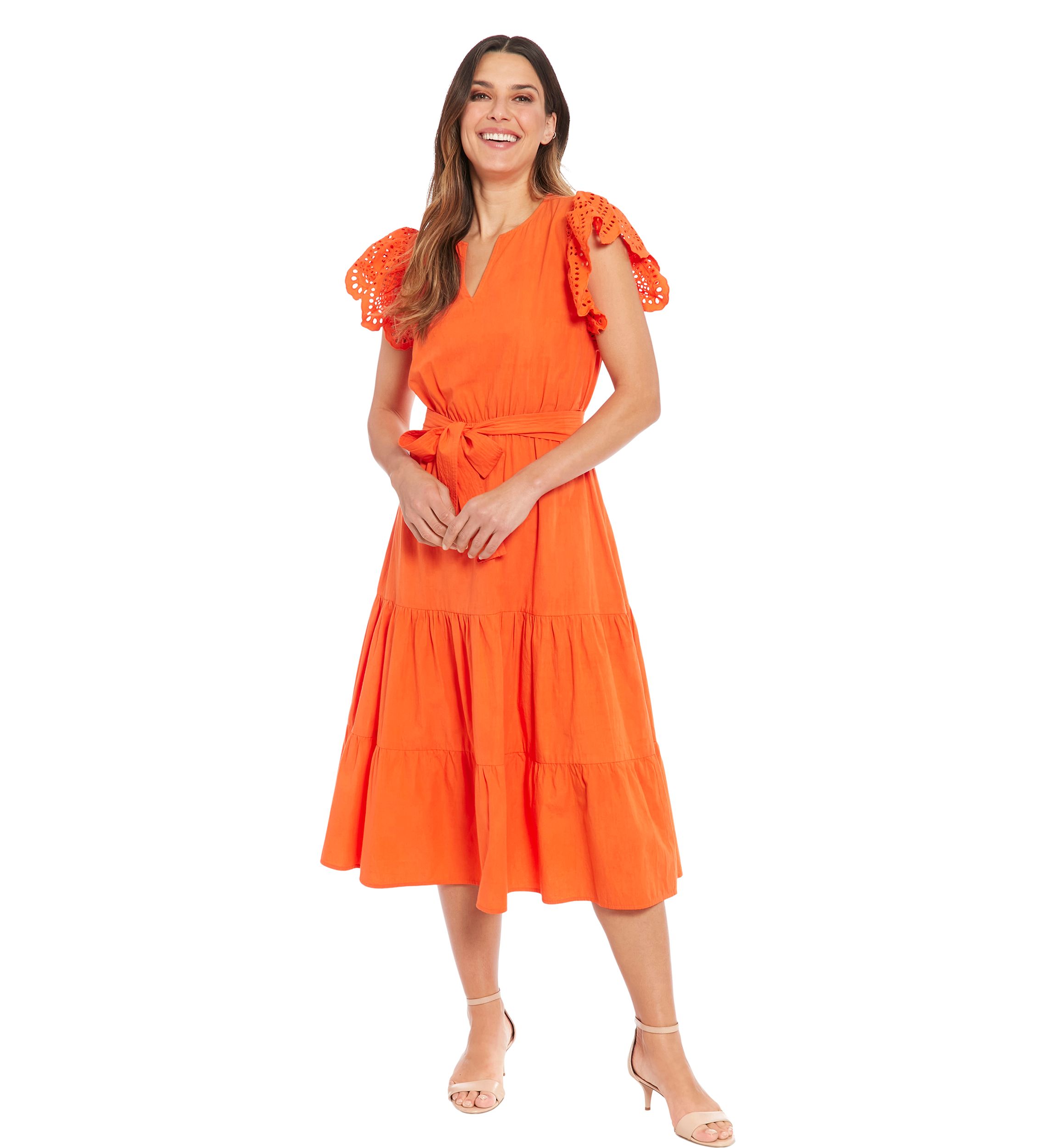 Womens Eyelet Sleeve Cotton Tiered Dress