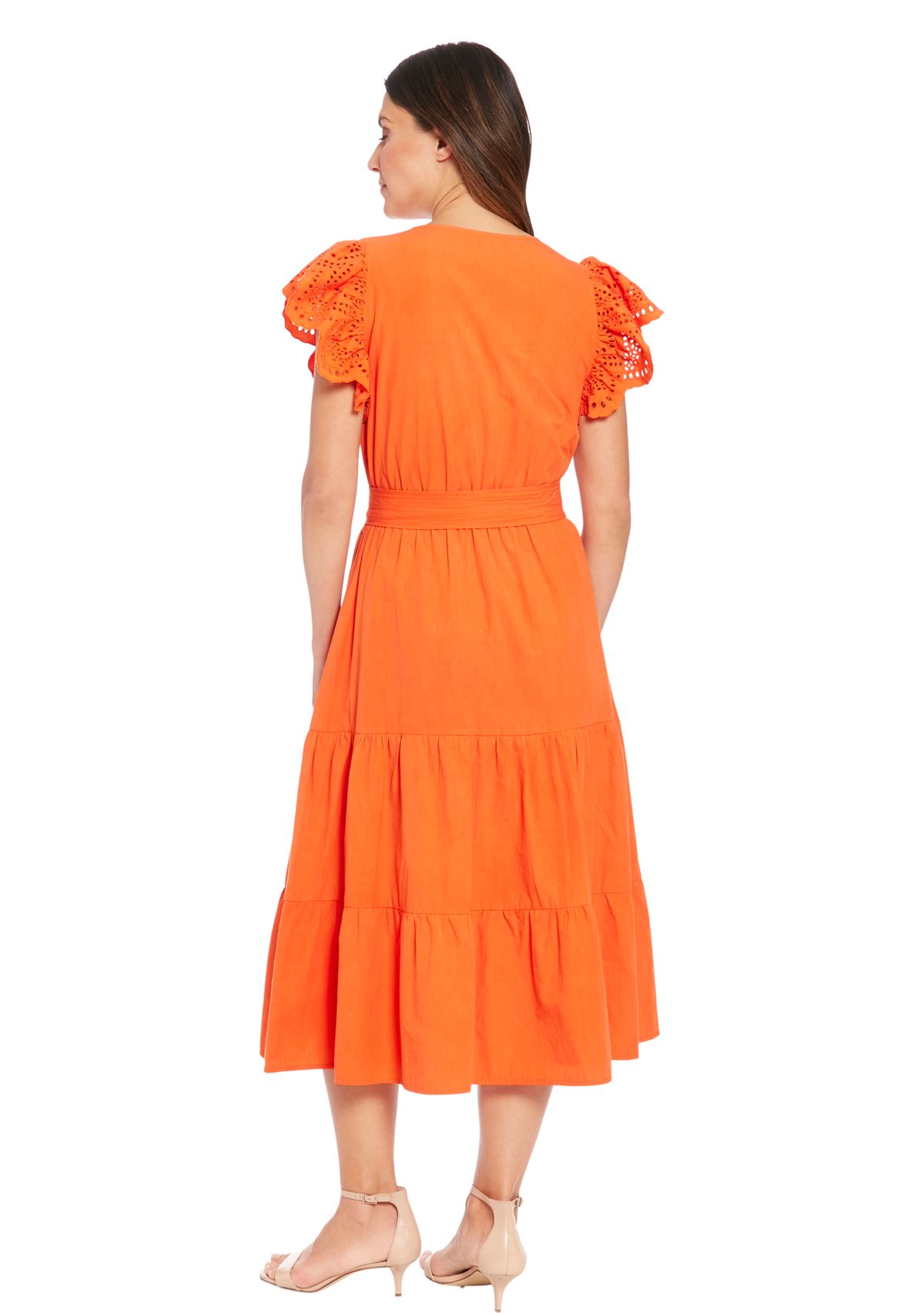 Womens Eyelet Sleeve Cotton Tiered Dress