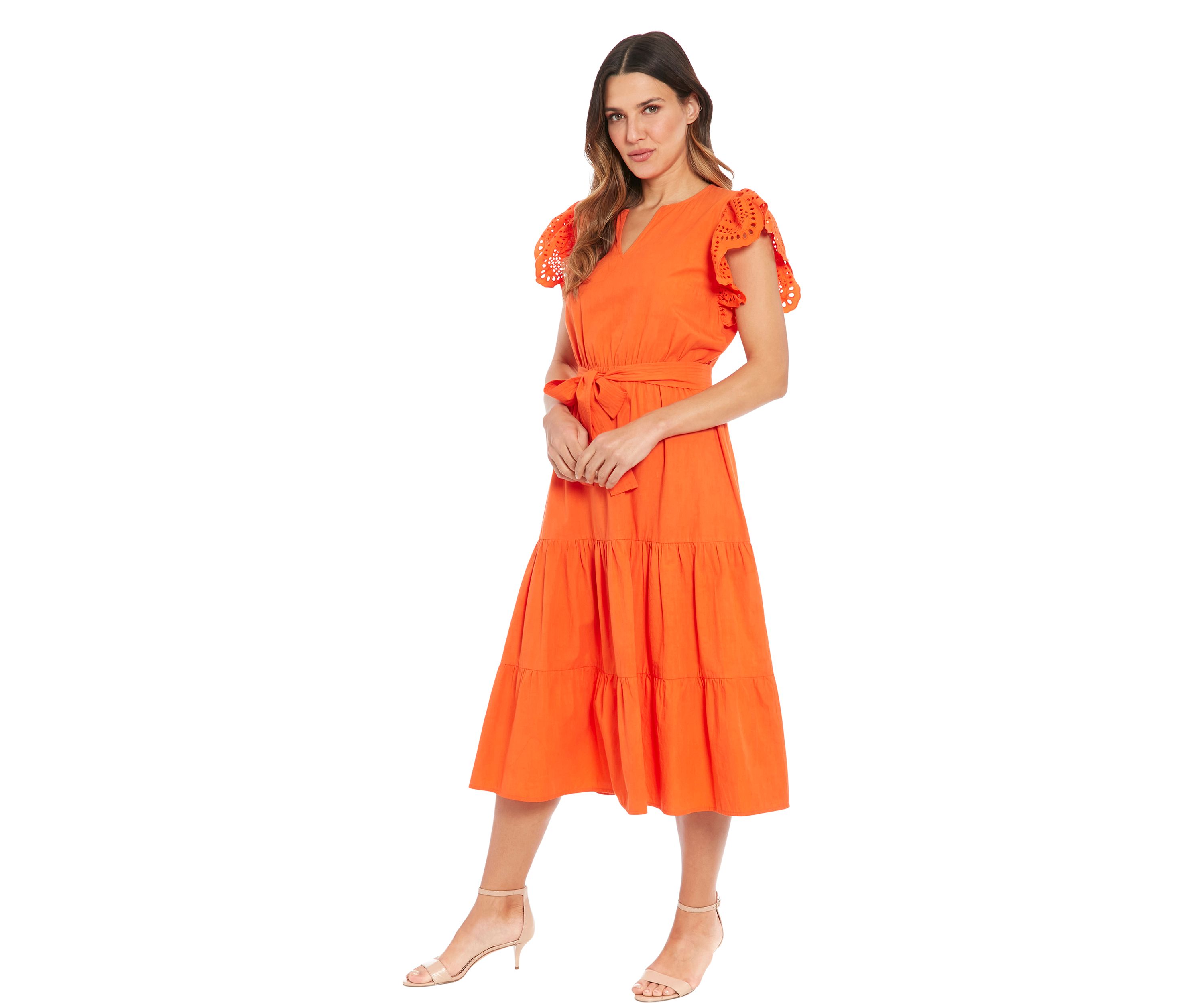 Womens Eyelet Sleeve Cotton Tiered Dress