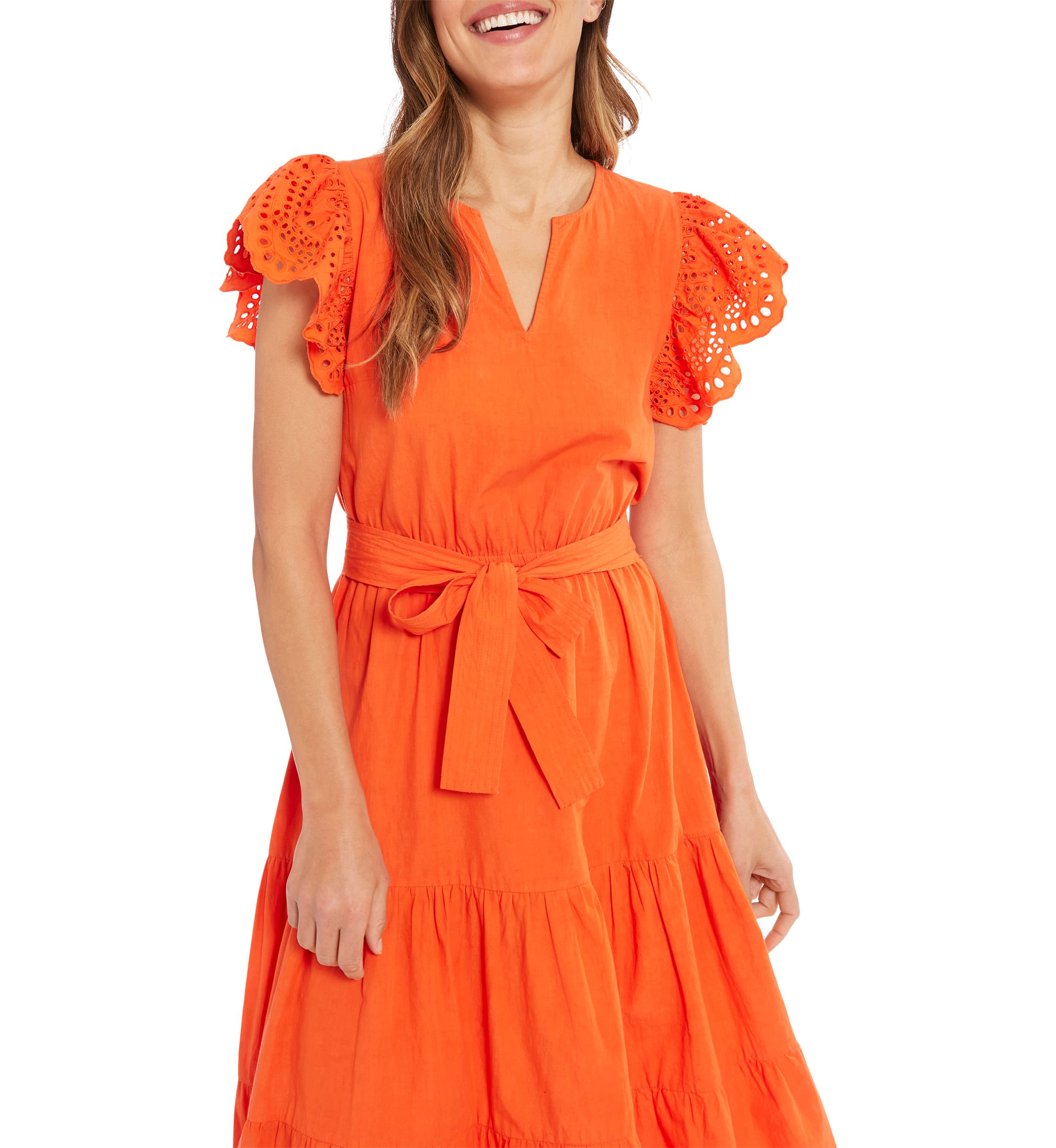 Womens Eyelet Sleeve Cotton Tiered Dress