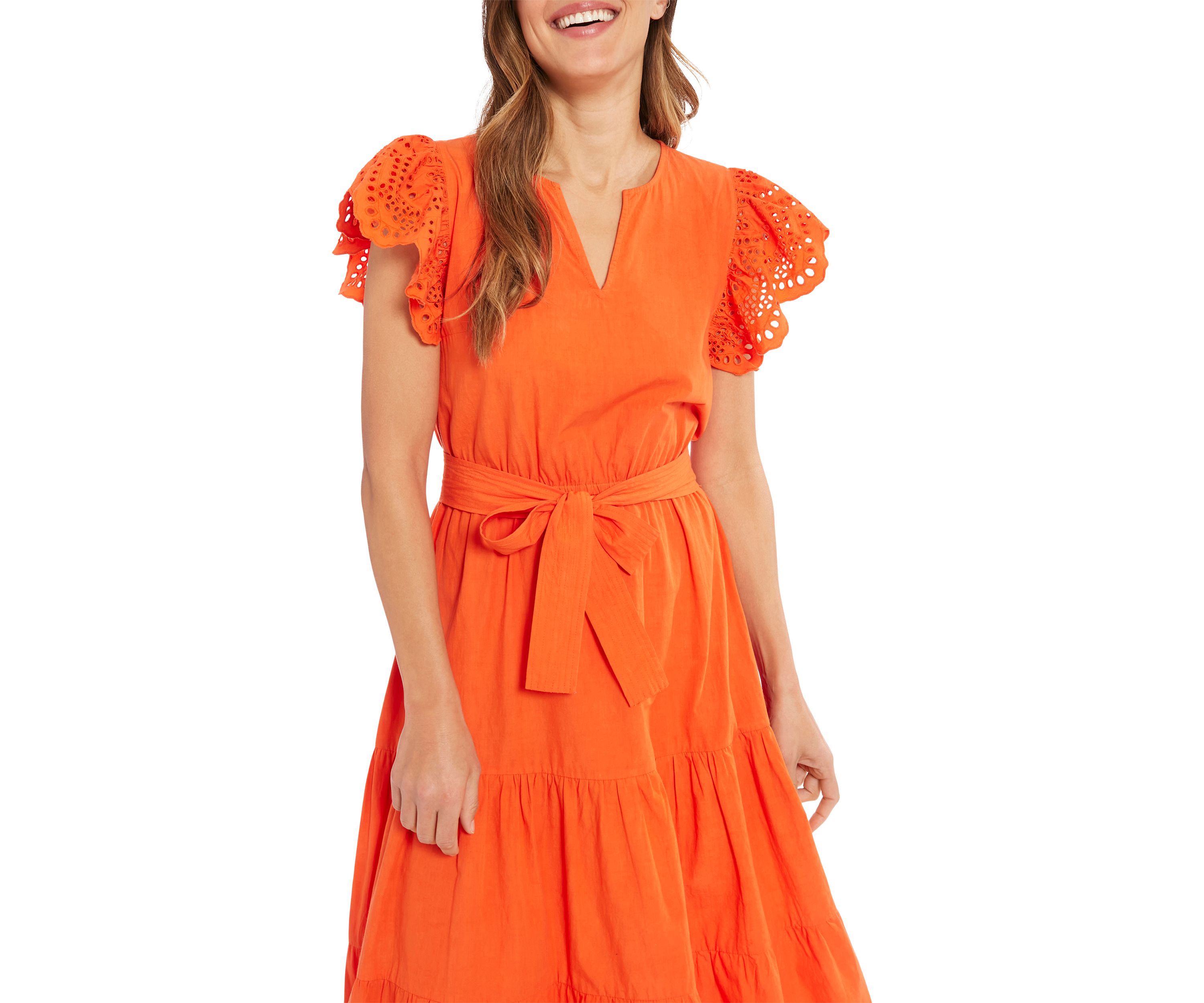 Womens Eyelet Sleeve Cotton Tiered Dress