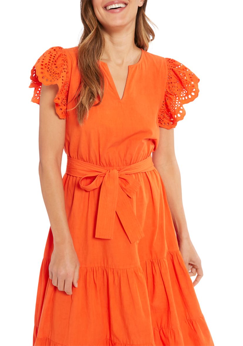Womens Eyelet Sleeve Cotton Tiered Dress