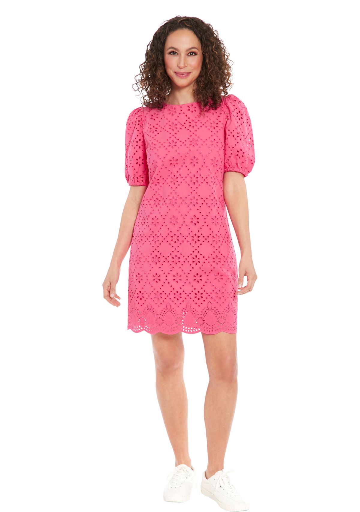 Womens Puff Sleeve Cotton Eyelet Shift Dress