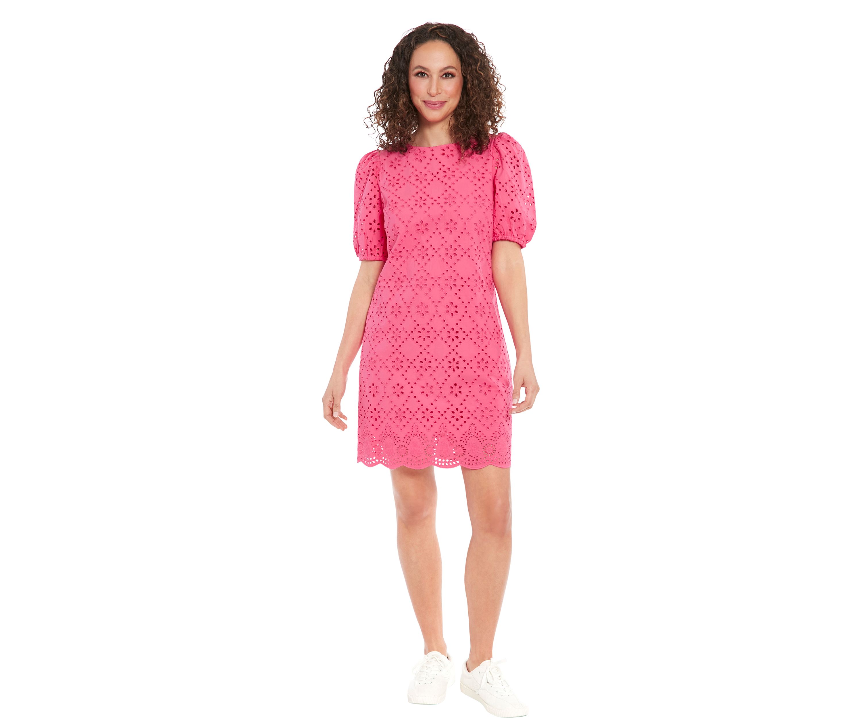 Womens Puff Sleeve Cotton Eyelet Shift Dress