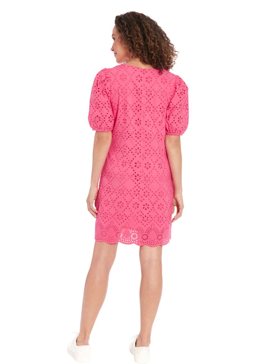 Womens Puff Sleeve Cotton Eyelet Shift Dress
