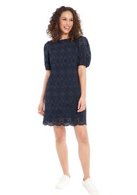 Women's Puff Sleeve Cotton Eyelet Shift Dress