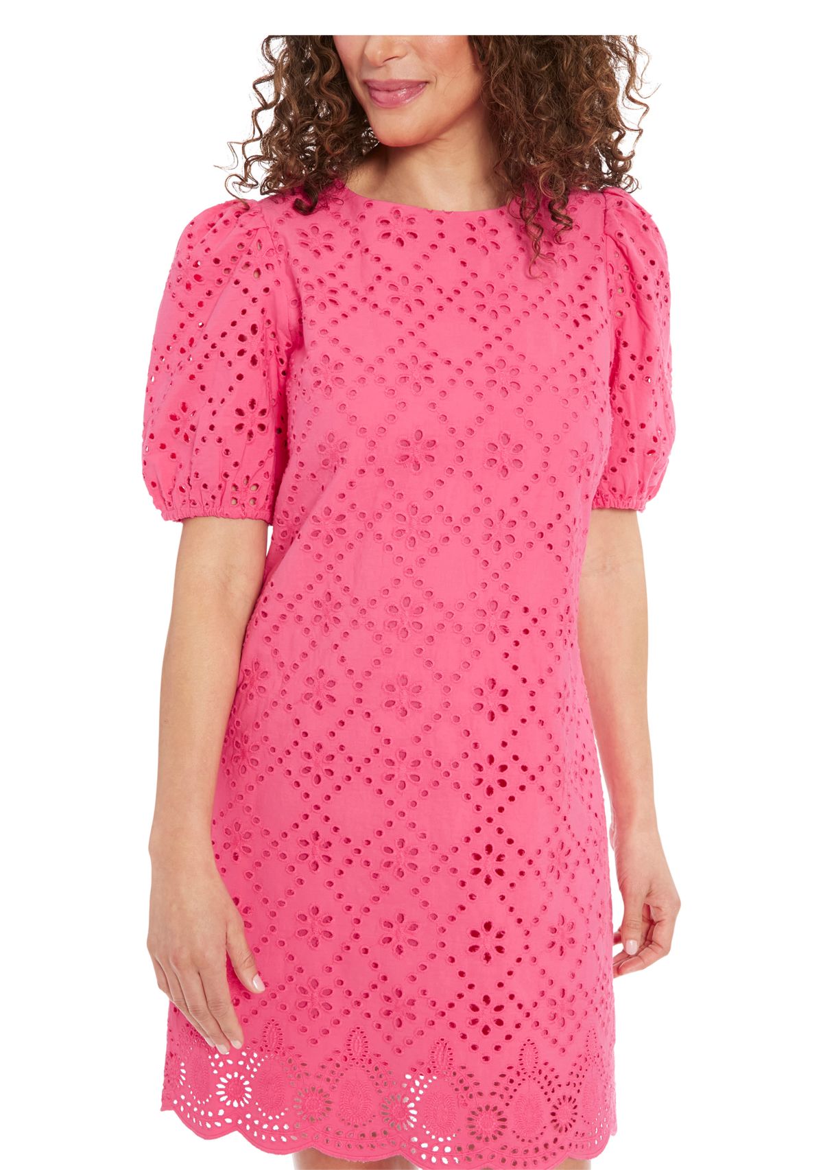 Womens Puff Sleeve Cotton Eyelet Shift Dress