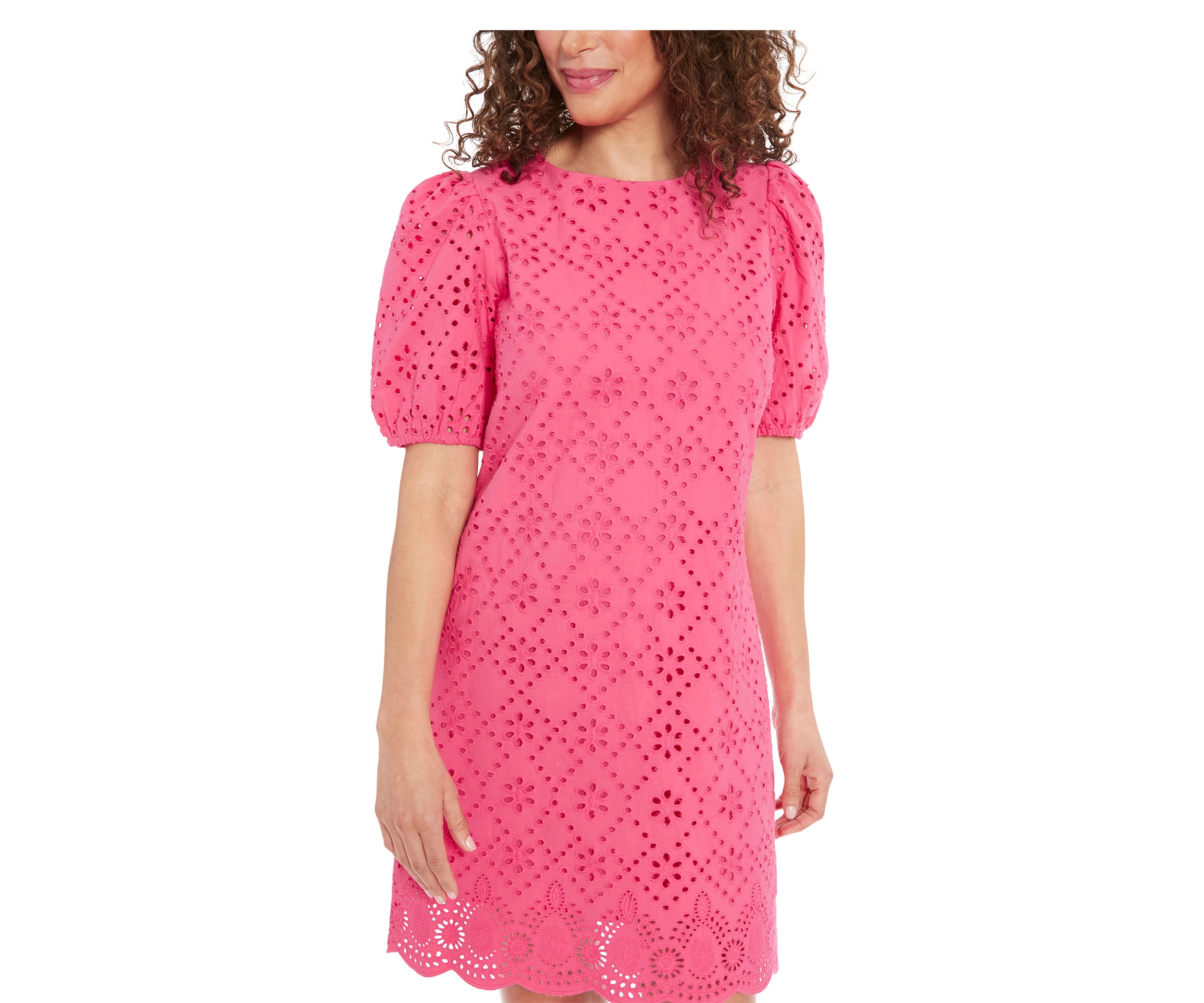 Womens Puff Sleeve Cotton Eyelet Shift Dress