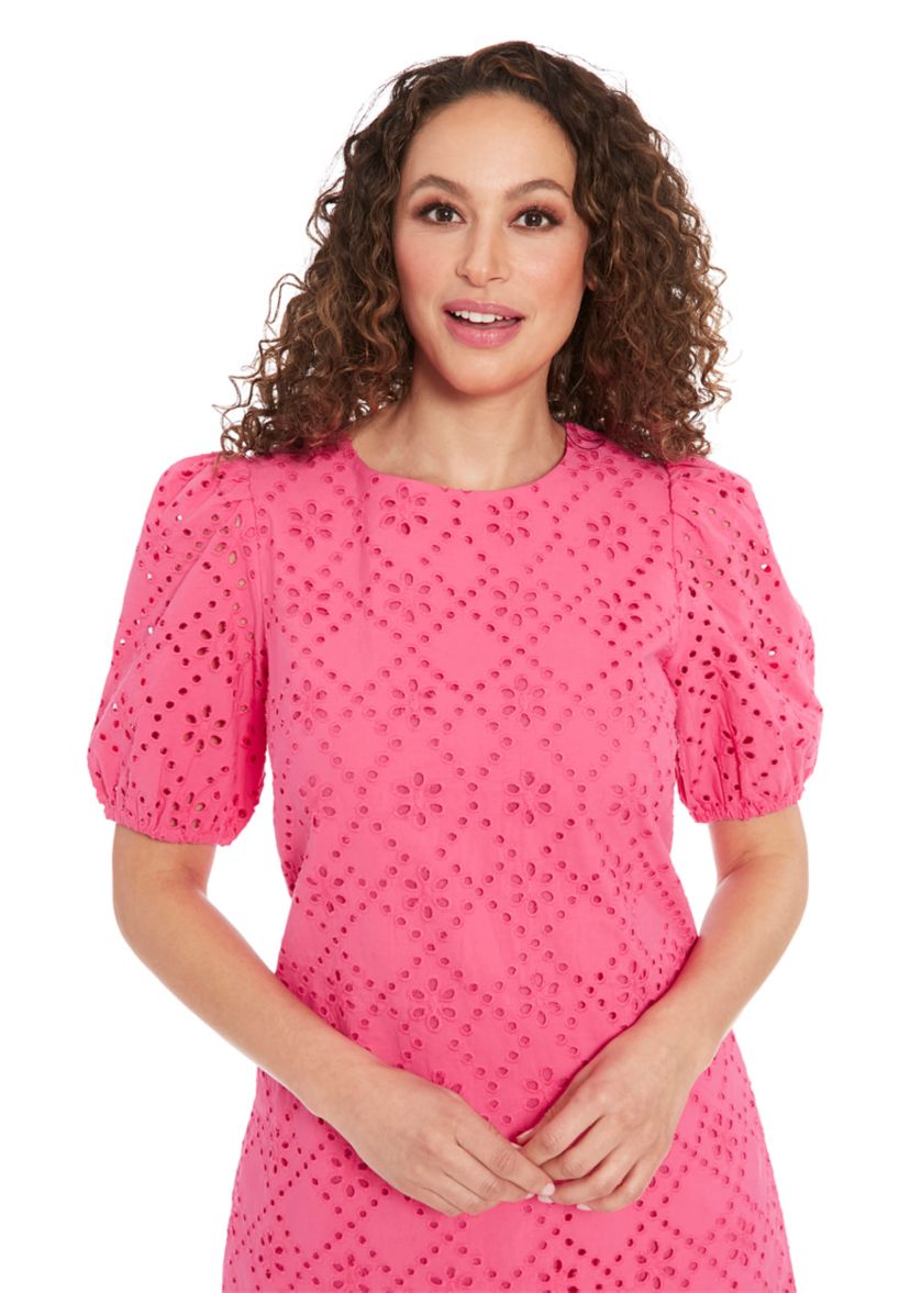 Womens Puff Sleeve Cotton Eyelet Shift Dress