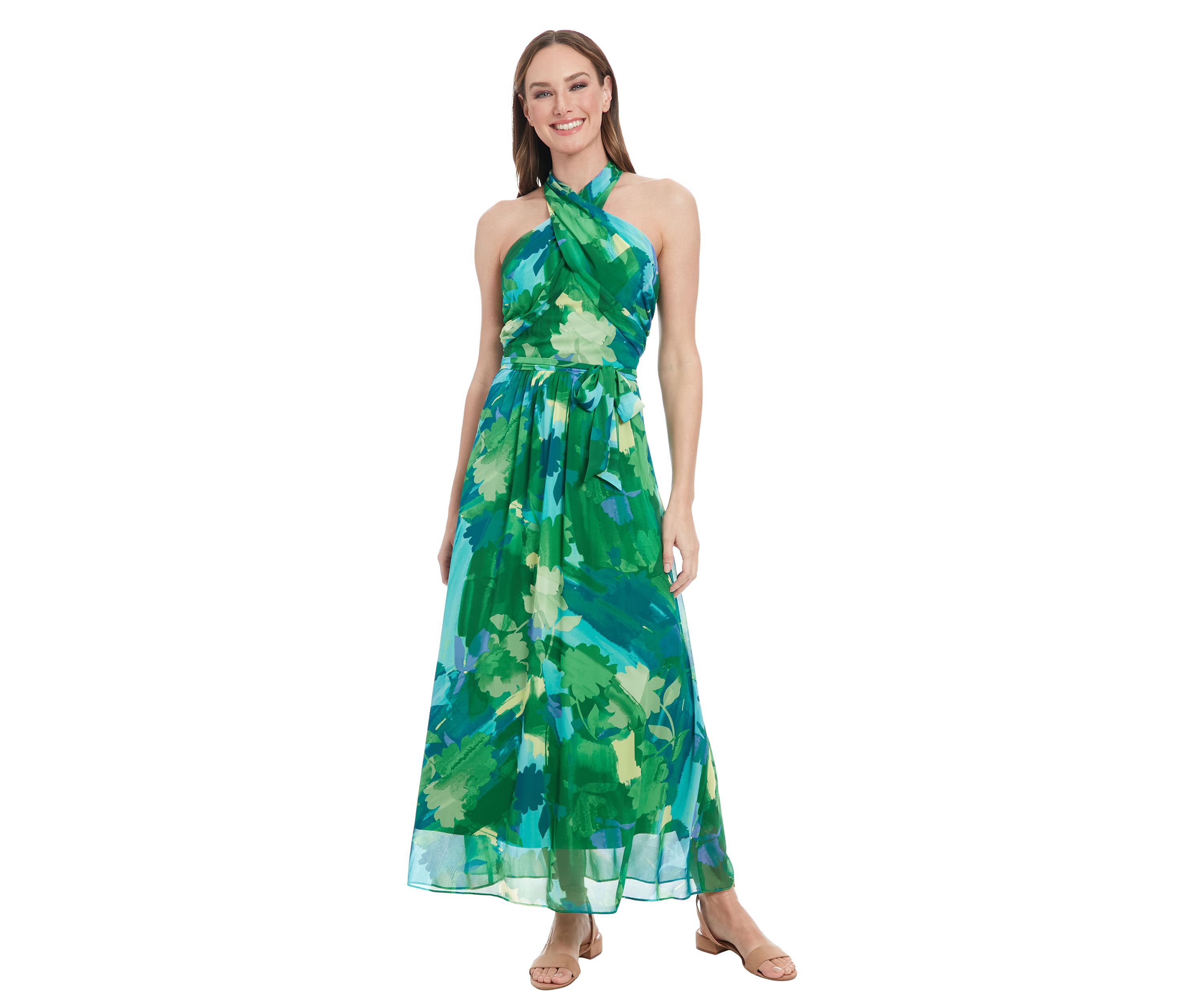 Printed Chiffon Wrap Neck Halter Maxi Dress 