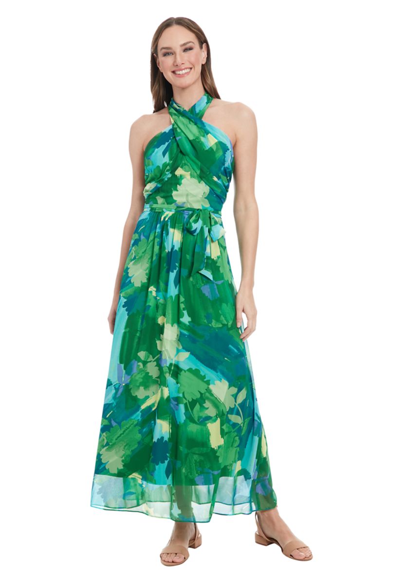 Printed Chiffon Wrap Neck Halter Maxi Dress 