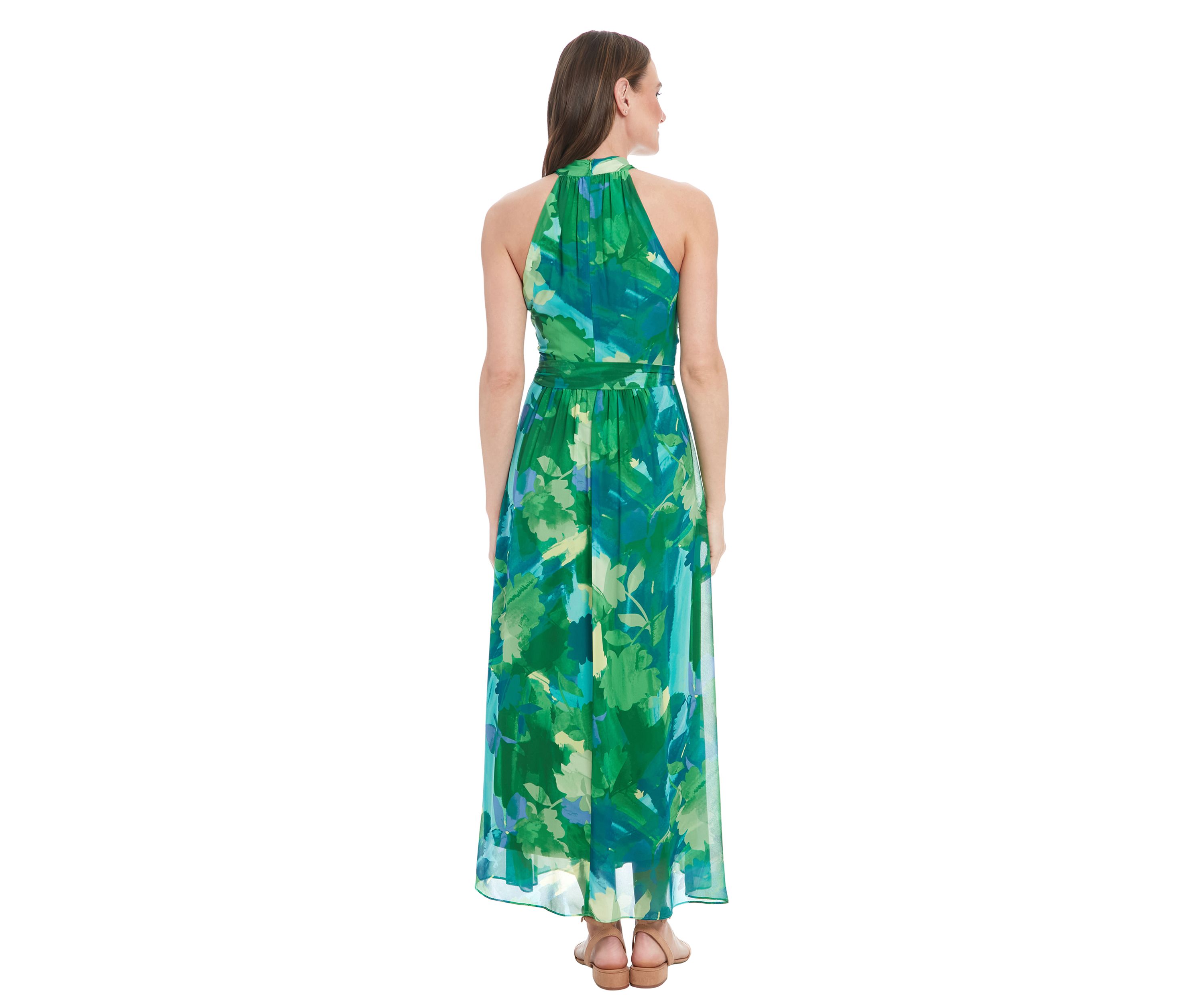 Printed Chiffon Wrap Neck Halter Maxi Dress 