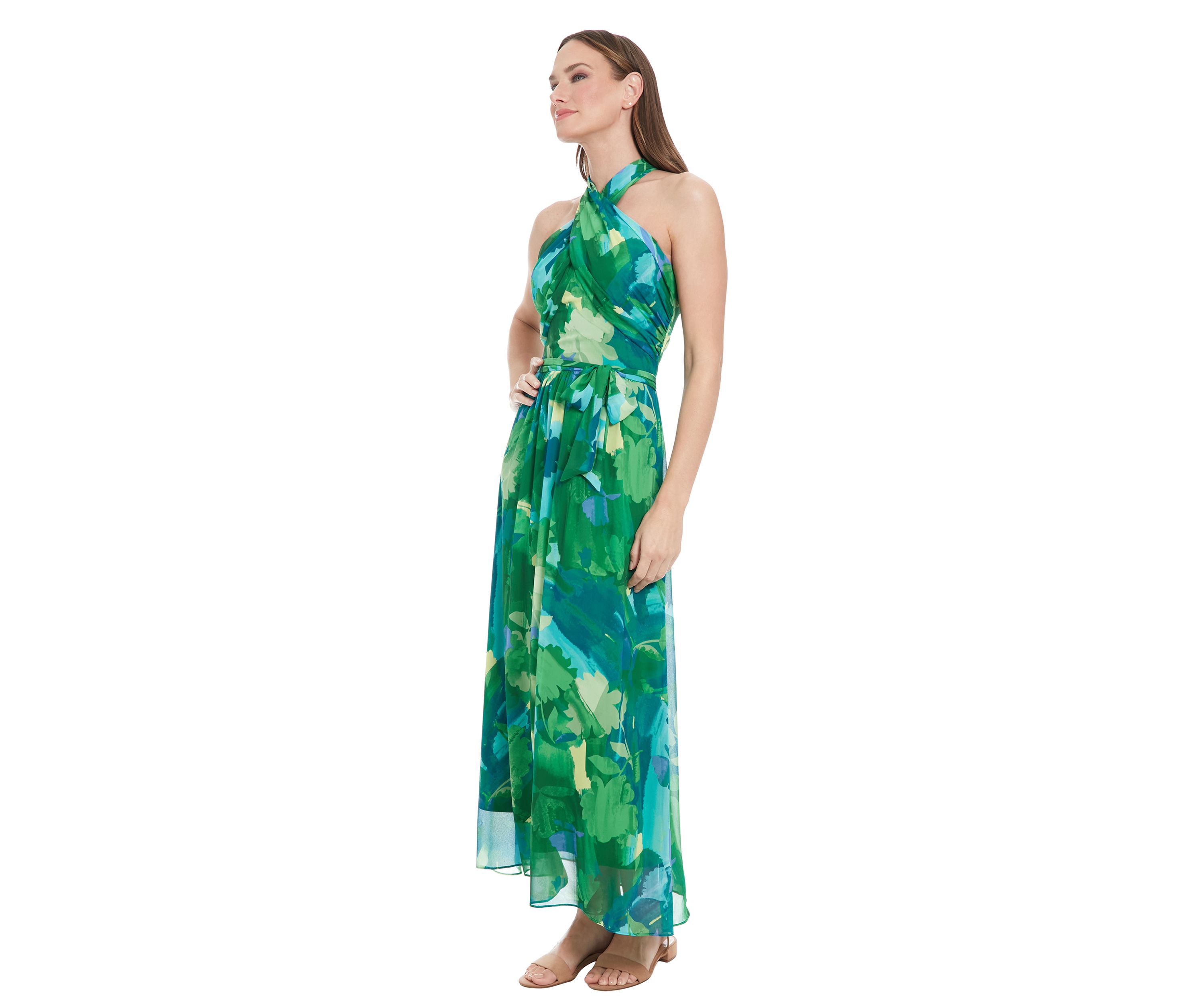 Printed Chiffon Wrap Neck Halter Maxi Dress 