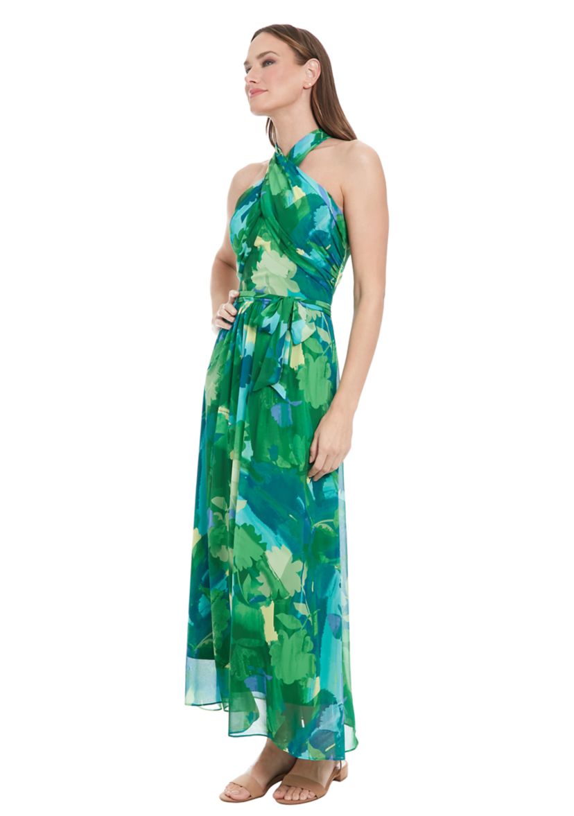Printed Chiffon Wrap Neck Halter Maxi Dress 