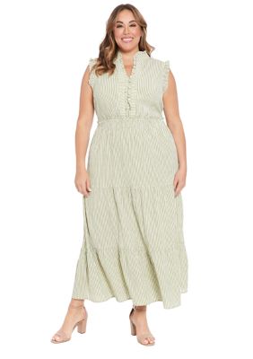 Plus Size Summer Pucker Stripe Smocked Waist Ruffle Collared Tiered Maxi Dress