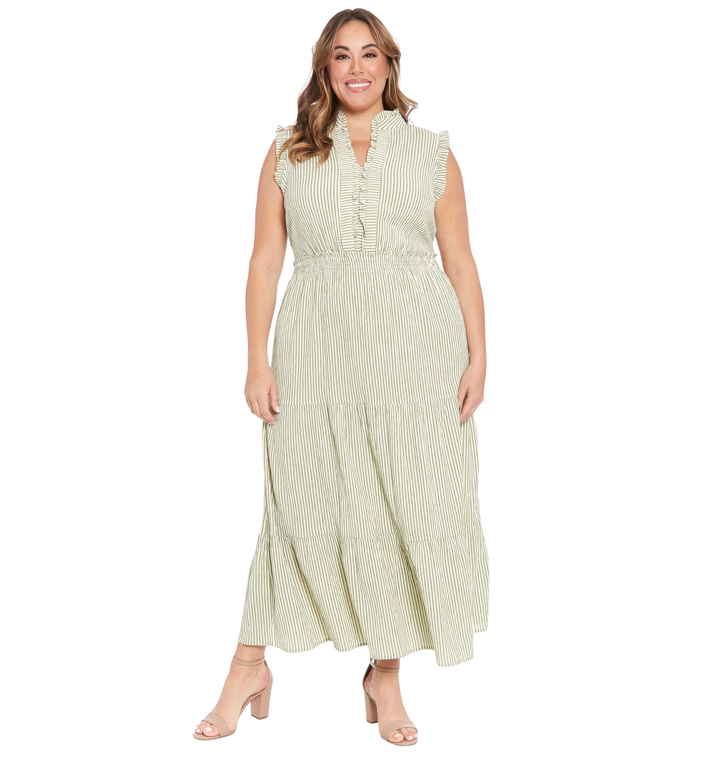 Plus Size Summer Pucker Stripe Smocked Waist Ruffle Collared Tiered Maxi Dress
