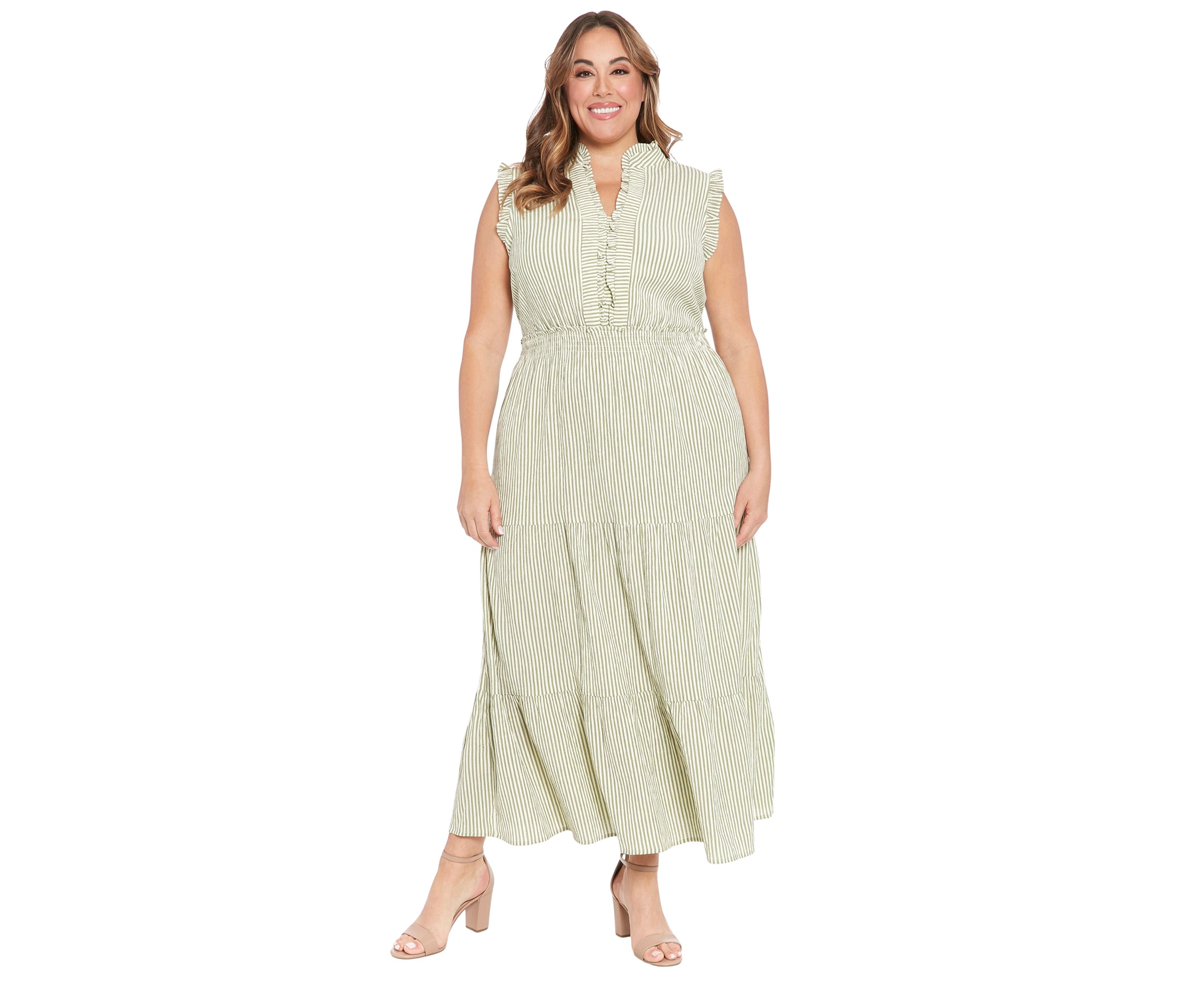 Plus Size Summer Pucker Stripe Smocked Waist Ruffle Collared Tiered Maxi Dress