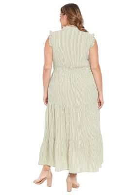 Plus Size Summer Pucker Stripe Smocked Waist Ruffle Collared Tiered Maxi Dress