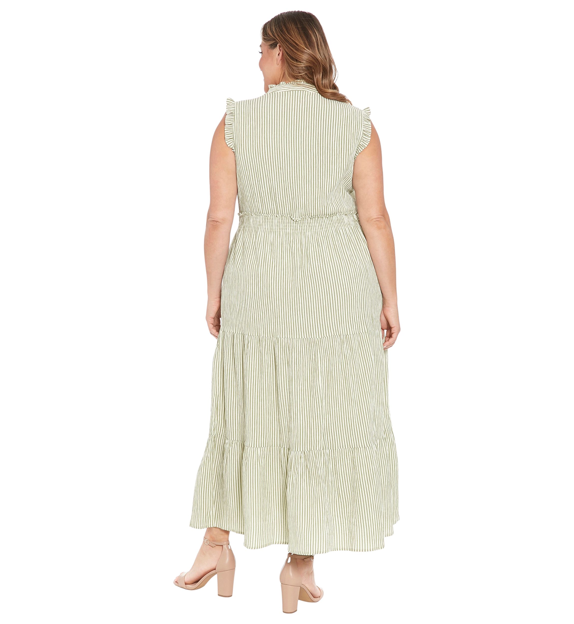 Plus Size Summer Pucker Stripe Smocked Waist Ruffle Collared Tiered Maxi Dress