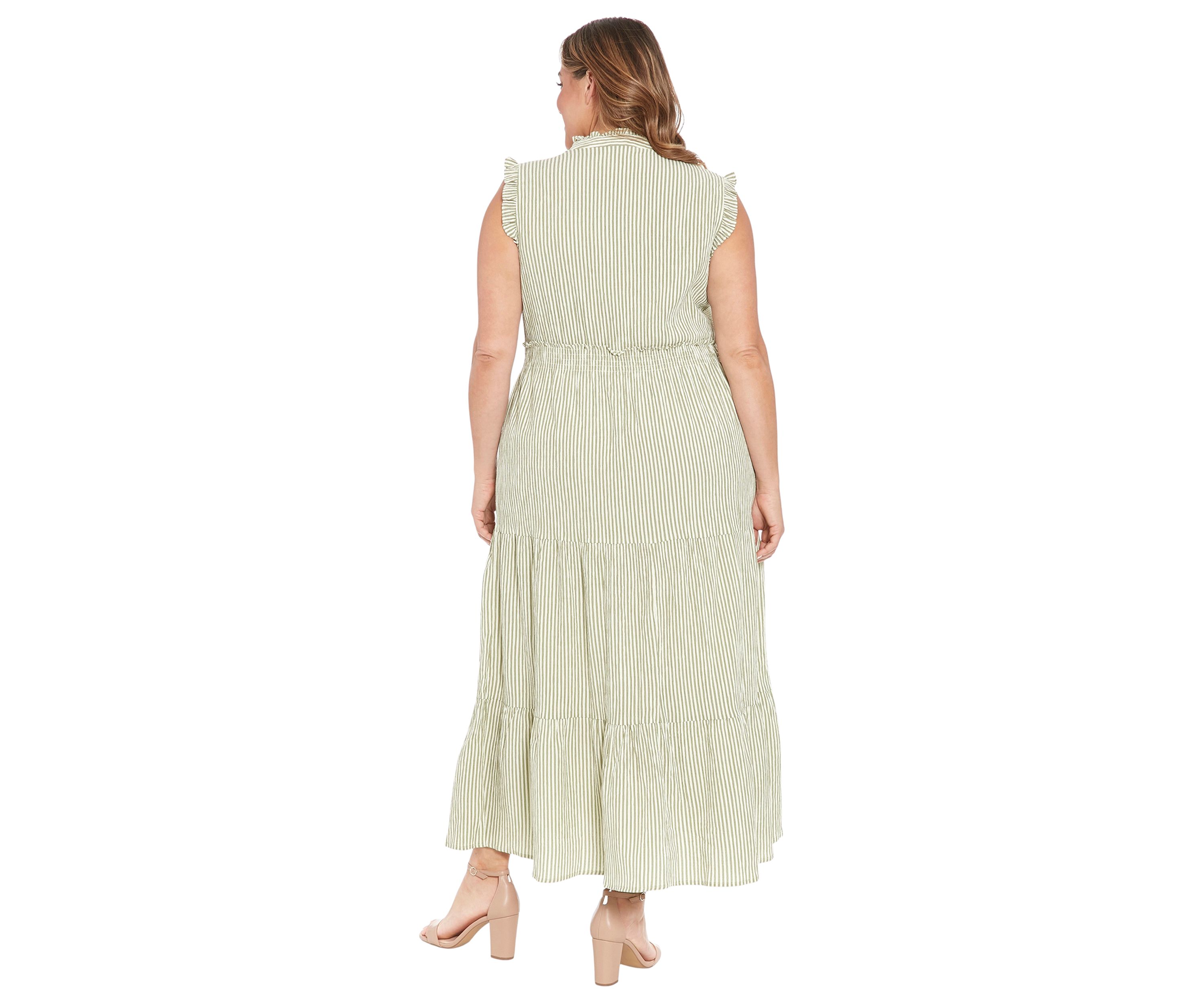 Plus Size Summer Pucker Stripe Smocked Waist Ruffle Collared Tiered Maxi Dress