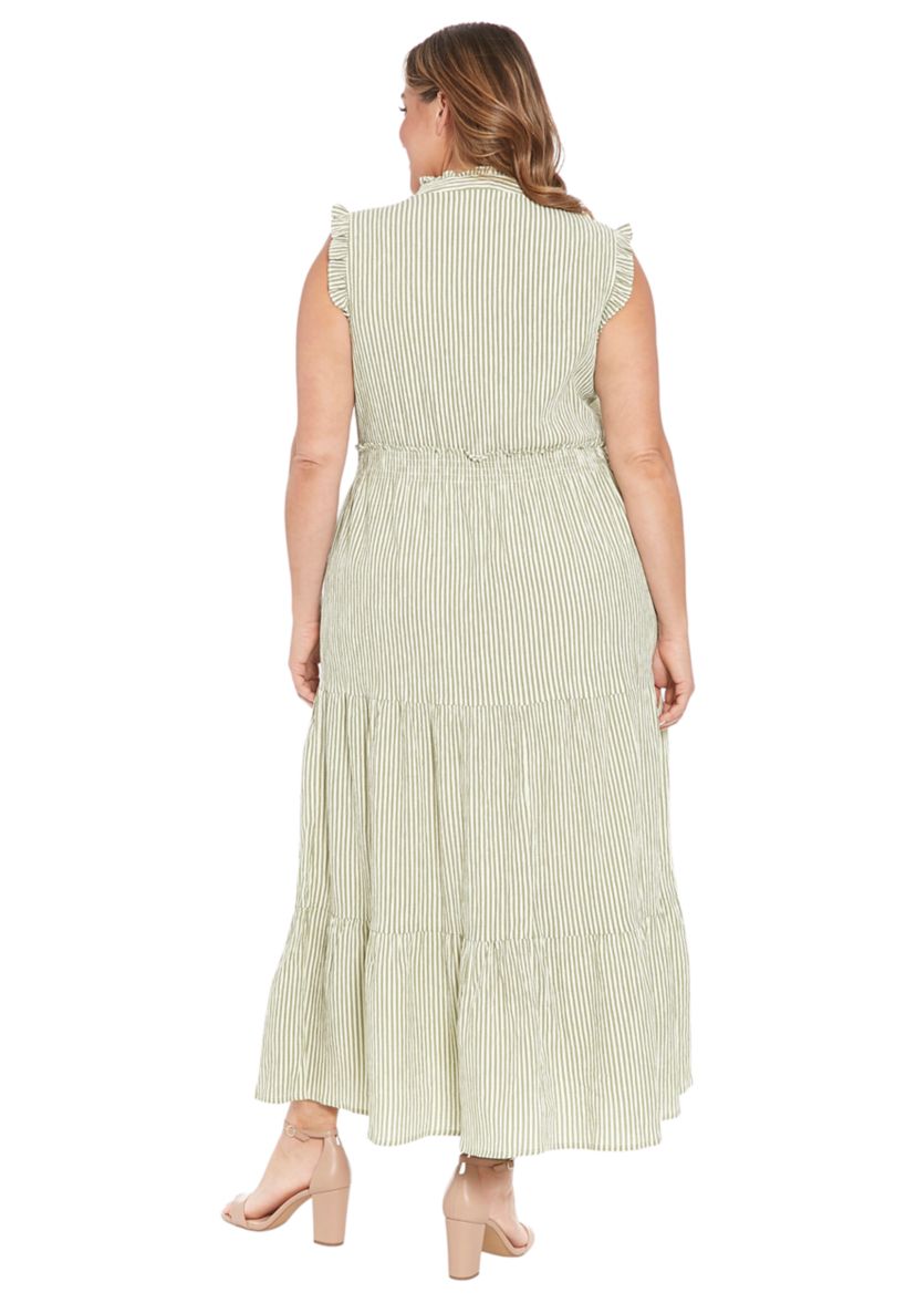Plus Size Summer Pucker Stripe Smocked Waist Ruffle Collared Tiered Maxi Dress