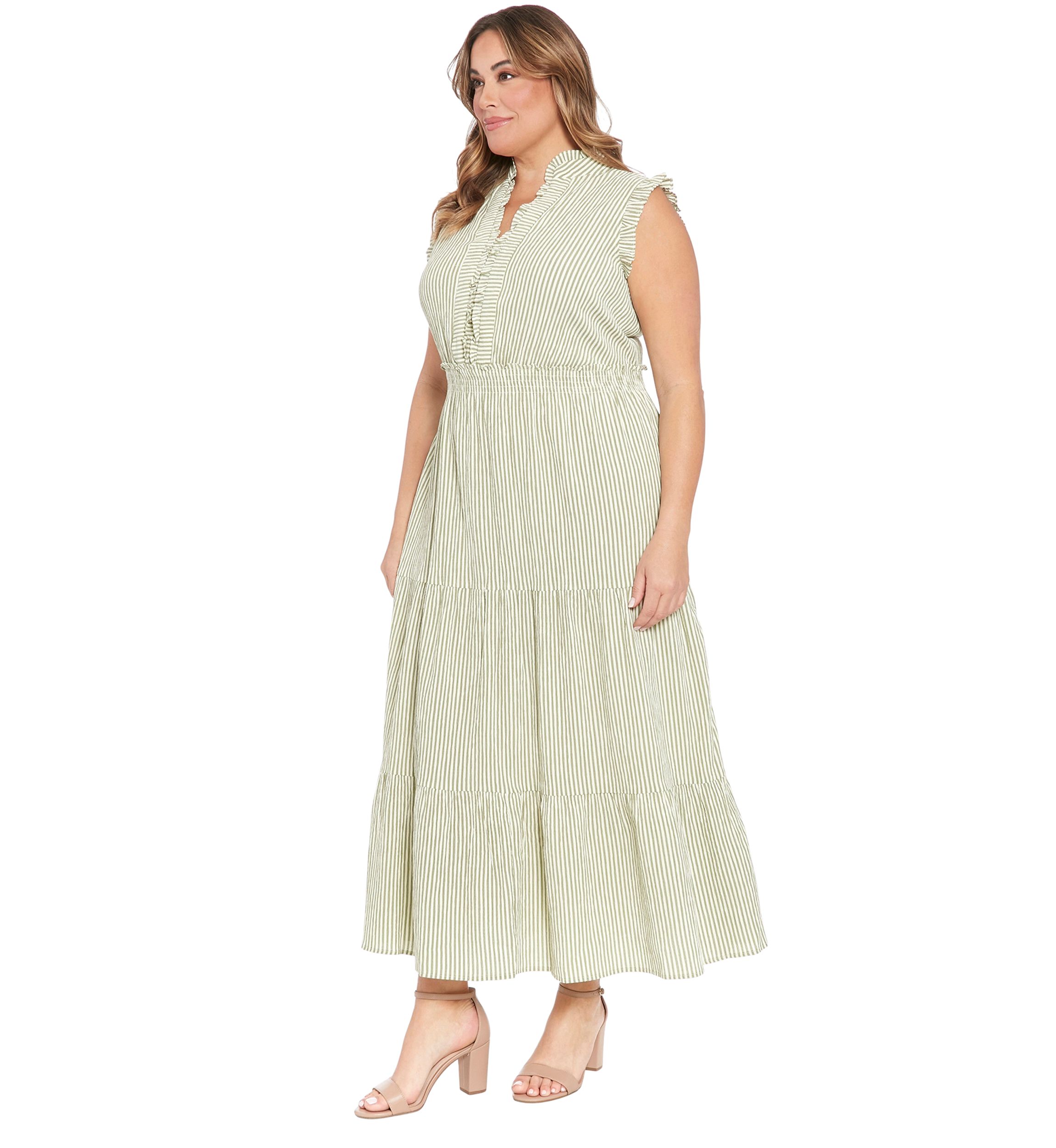 Plus Size Summer Pucker Stripe Smocked Waist Ruffle Collared Tiered Maxi Dress