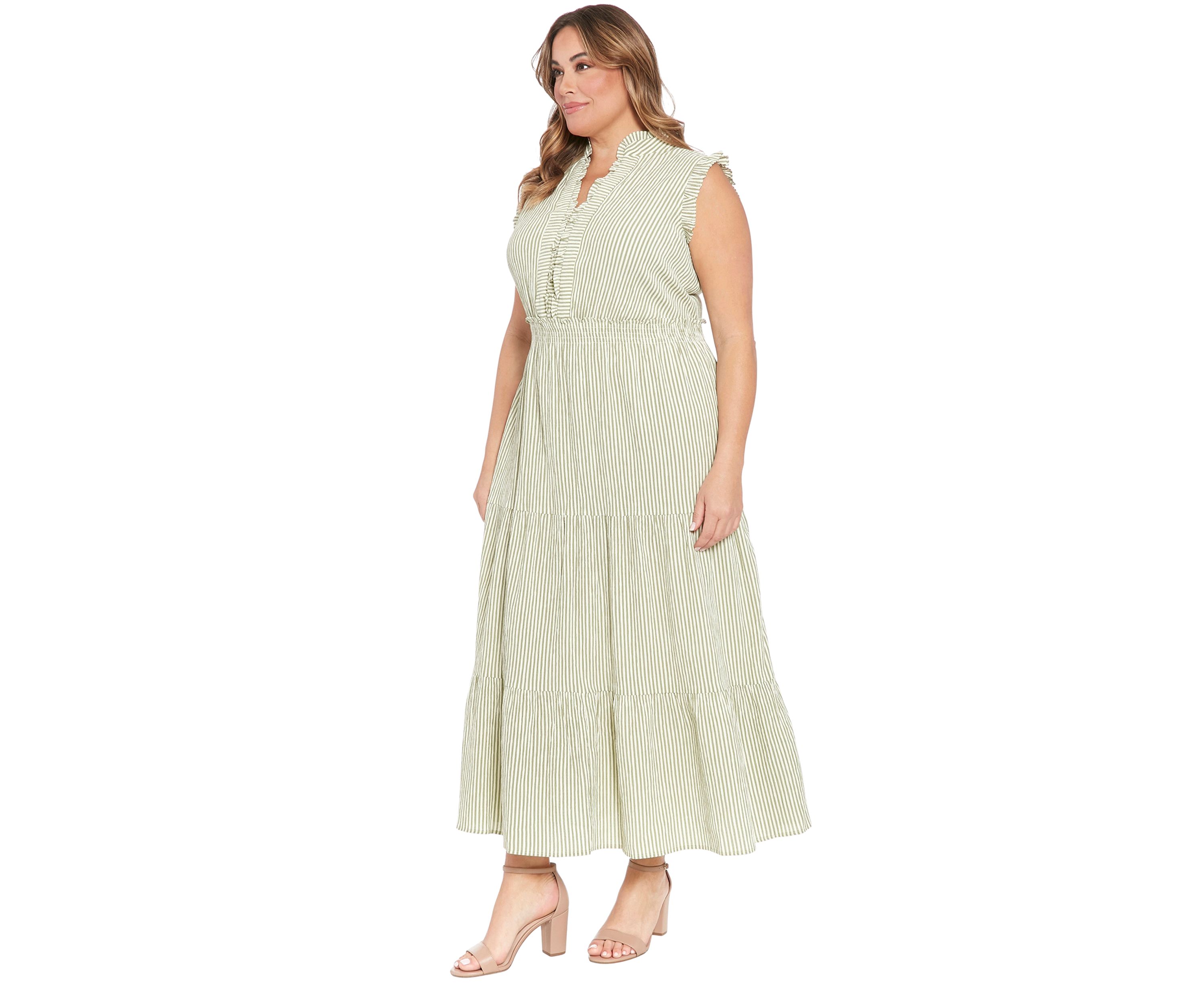 Plus Size Summer Pucker Stripe Smocked Waist Ruffle Collared Tiered Maxi Dress