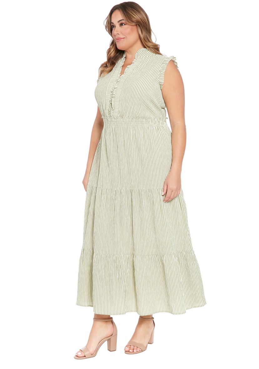 Plus Size Summer Pucker Stripe Smocked Waist Ruffle Collared Tiered Maxi Dress