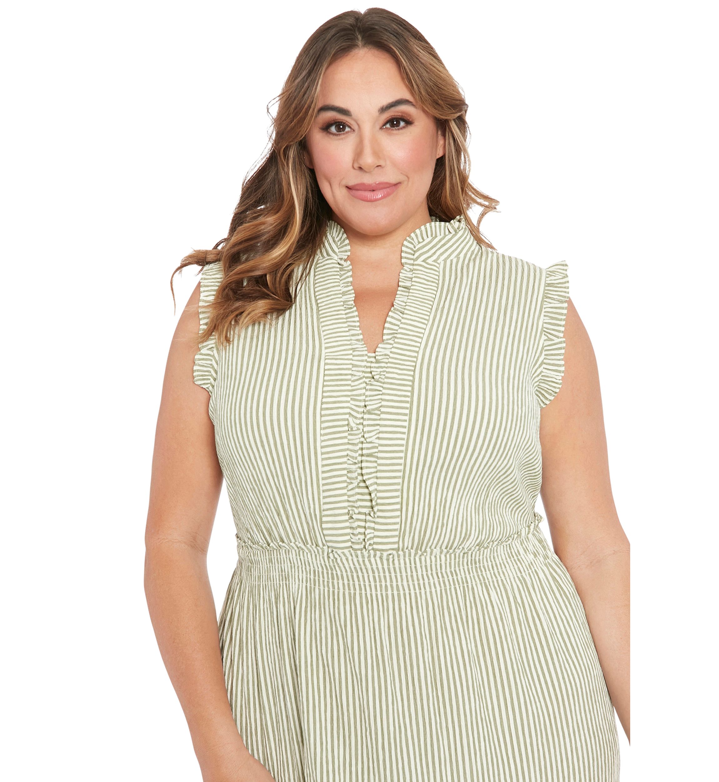 Plus Size Summer Pucker Stripe Smocked Waist Ruffle Collared Tiered Maxi Dress