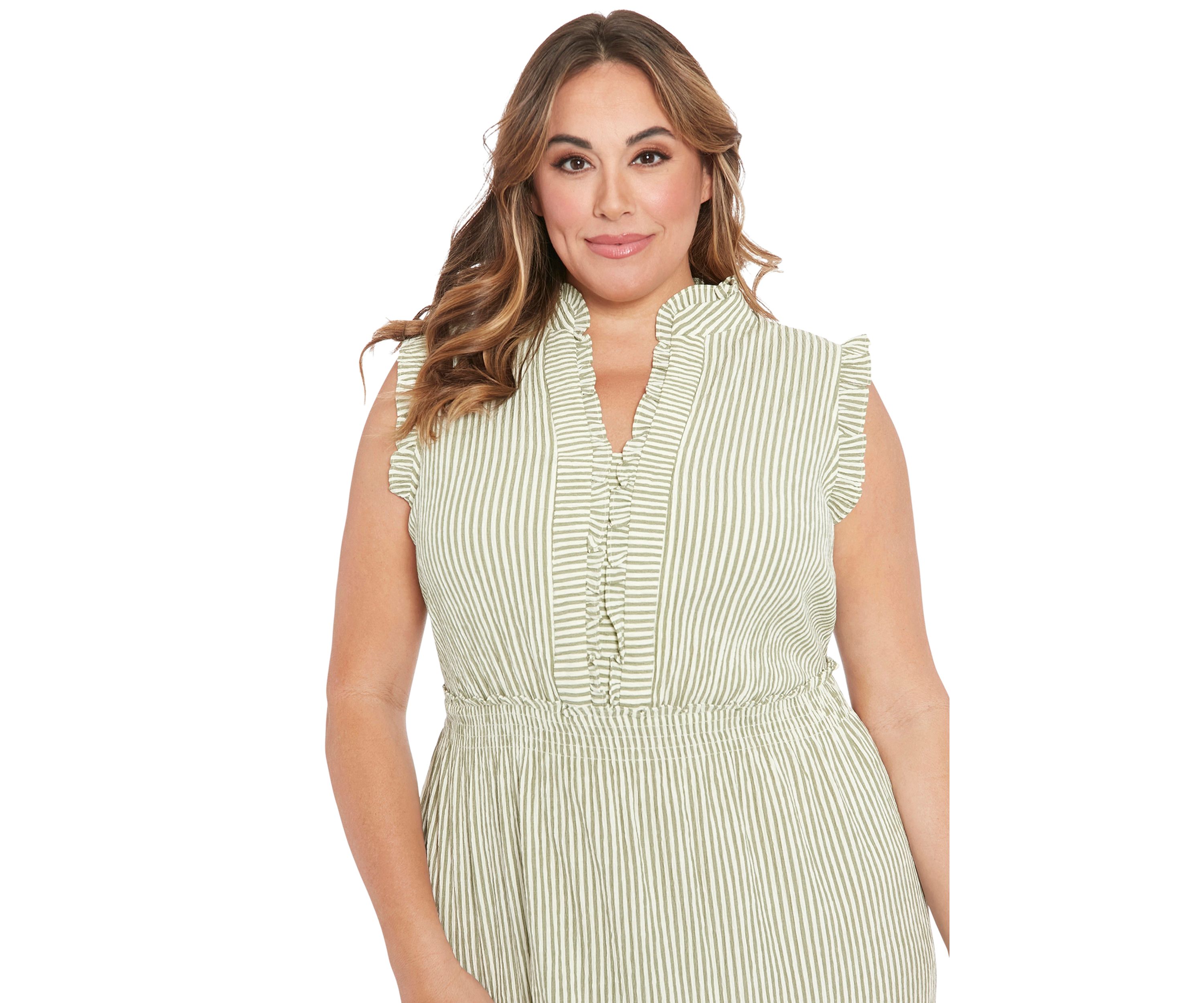 Plus Size Summer Pucker Stripe Smocked Waist Ruffle Collared Tiered Maxi Dress