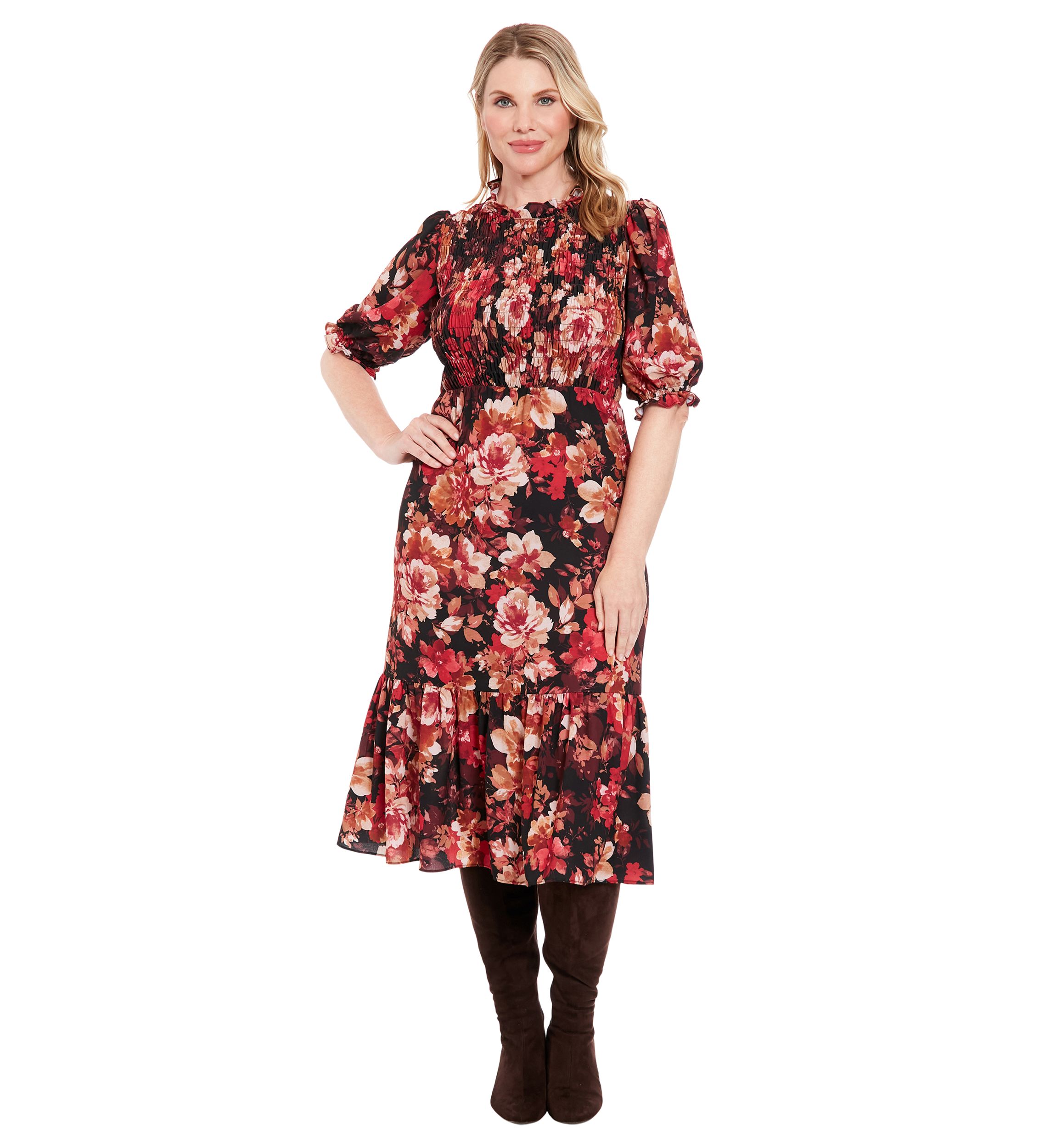 Womens Printed Bubble Crepe Smocked Bodice Tiered Midi Dress